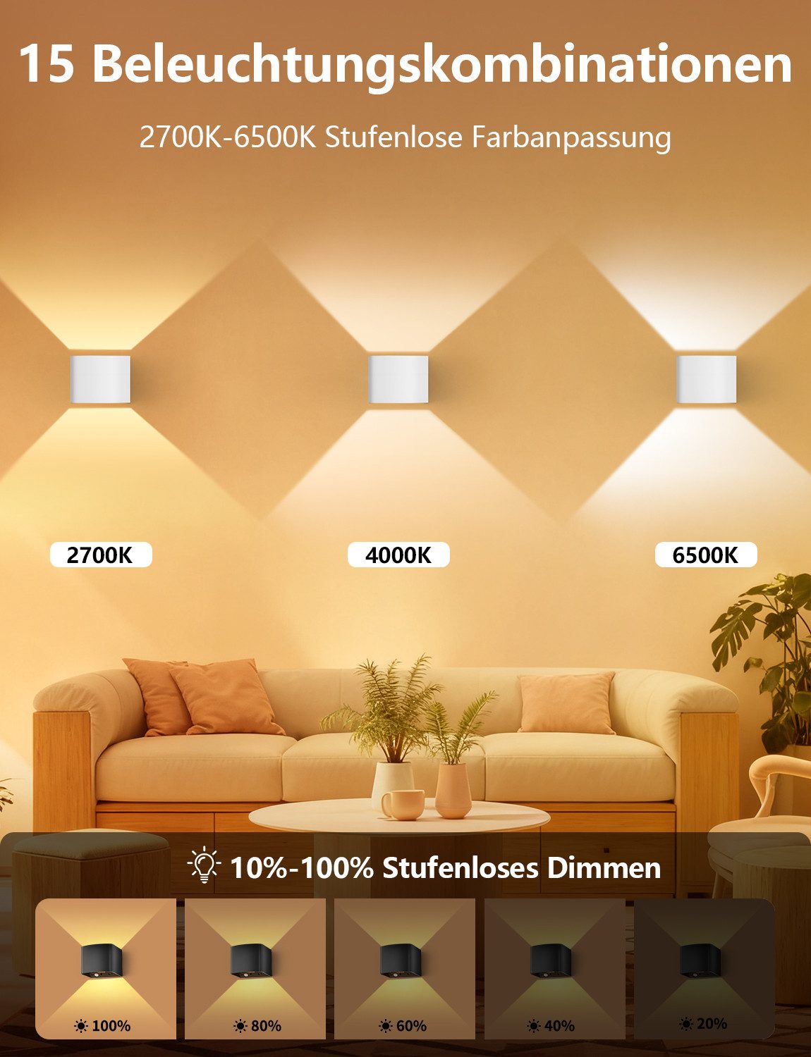 GeyouLux Wandleuchte 5000mAh Aufladbare Wandleuchte Innen, Fernbedienung & Dimmbar, LED-Lampen, LED Wandlampe mit Bewegungsmelder, 4 Stück – Bild 5 von 5