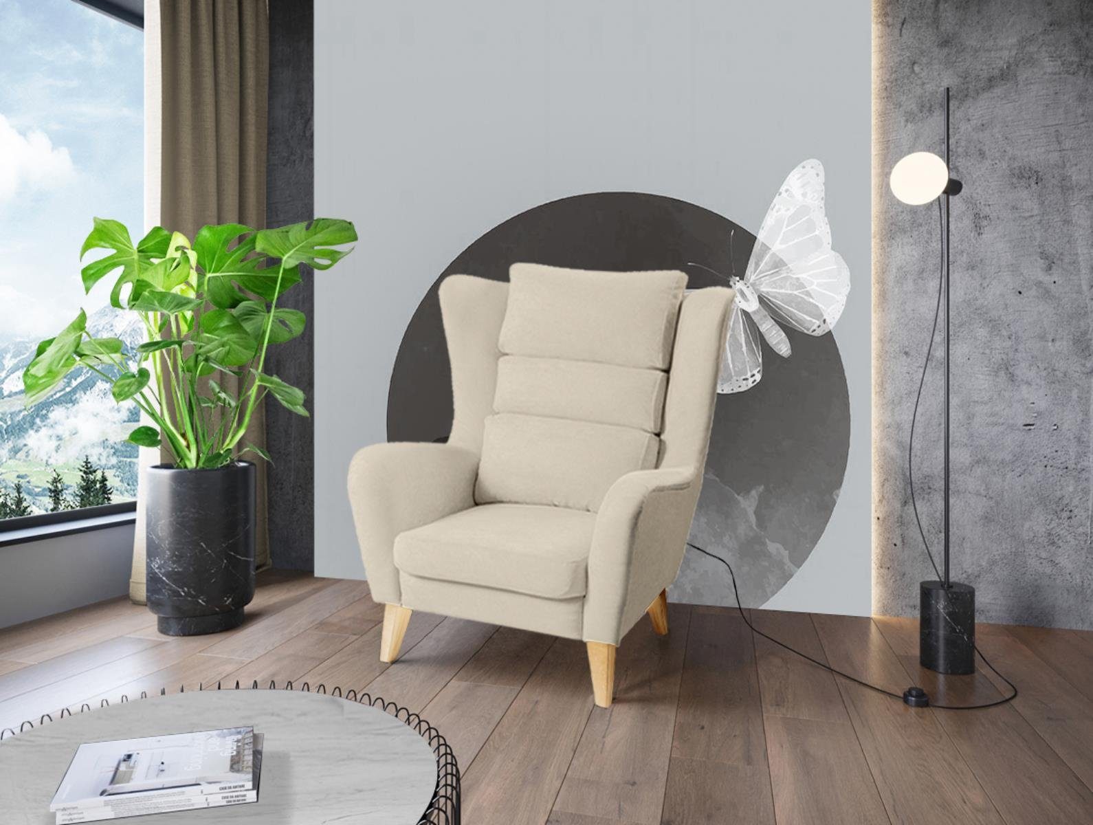 Beautysofa Sessel Atlas (Loungesessel für Wohnzimmer, Relaxsessel aus Velvetstoff), Polstersessel mit Holzbeine (Buche oder Wenge) Creme (mono 231)