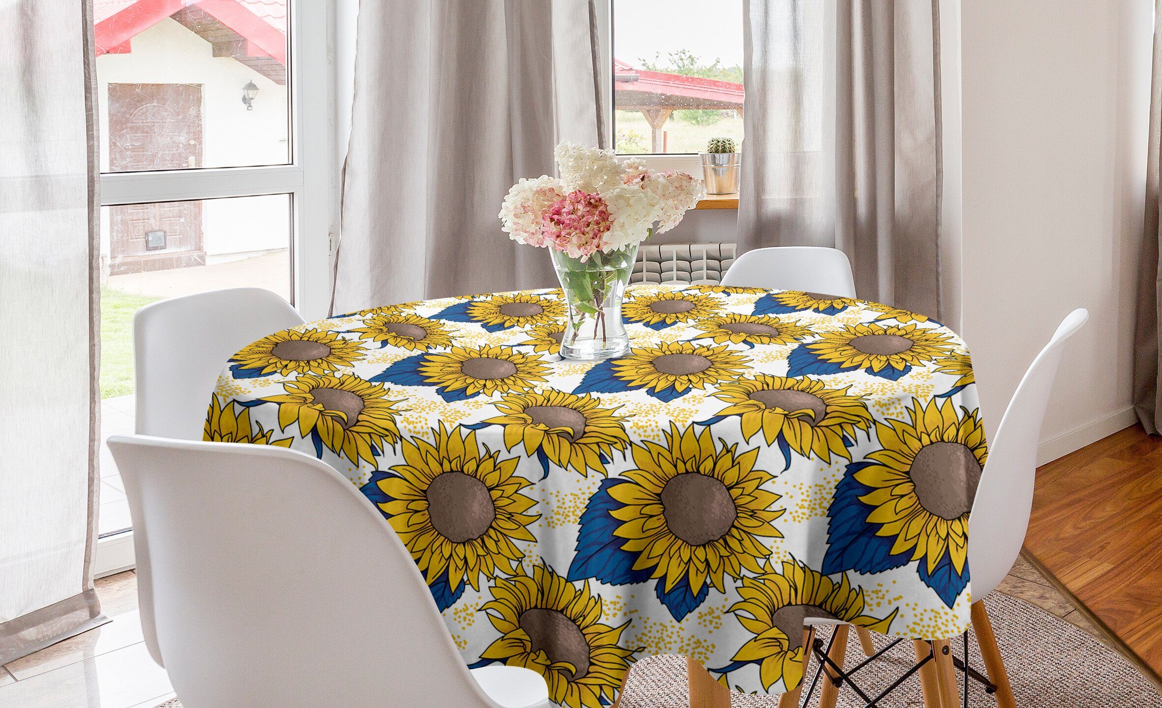 Abakuhaus Tischdecke Kreis Tischdecke Abdeckung für Esszimmer Küche Dekoration, Sonnenblume Grafik Ernteertrag