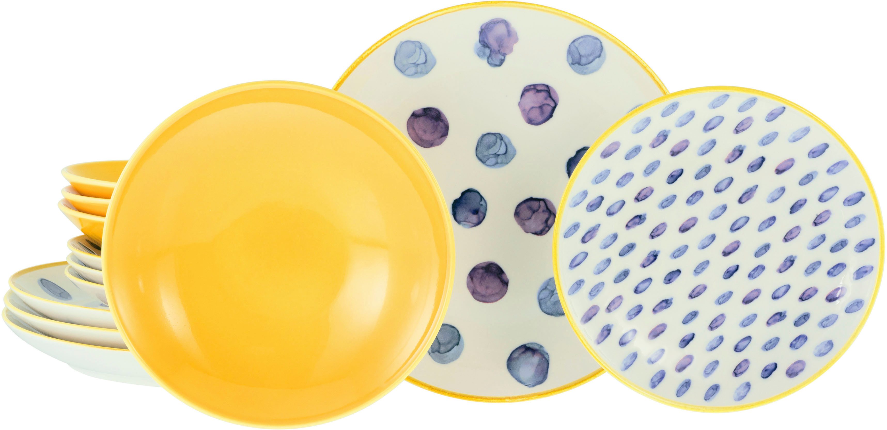 creaTable Teller-Set Maisie Bunt, Teller Set 12-tlg (12-tlg), 4 Personen, Steinzeug, Dots, Polka Dots, Konfetti, Punkte