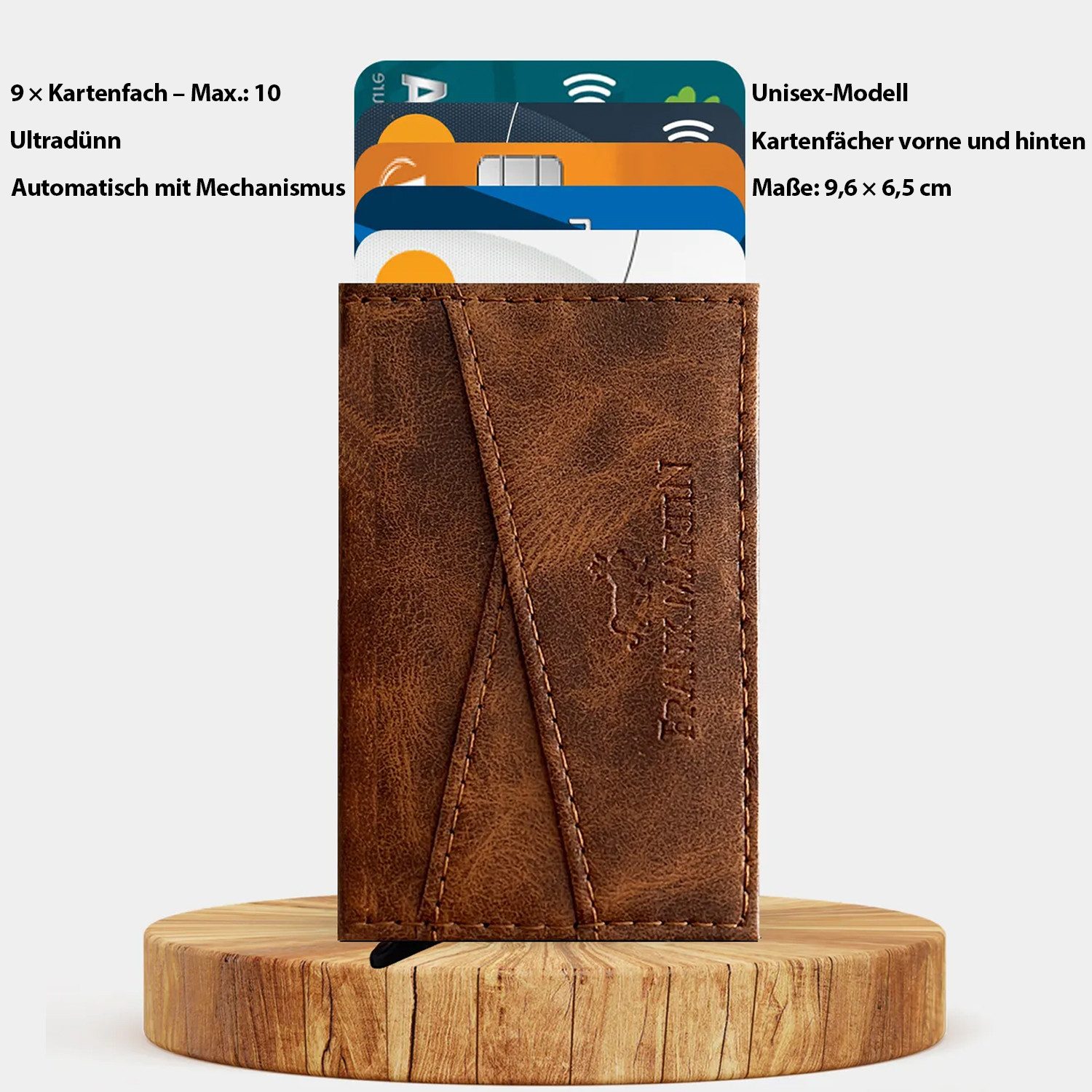 Jungengel Mini Geldbörse Slim Wallet Kartenetui RFID Schutz Kunstleder Braun Geldbörse, RFID-geschützt, 9 Kartenfächer, Geschenkbox
