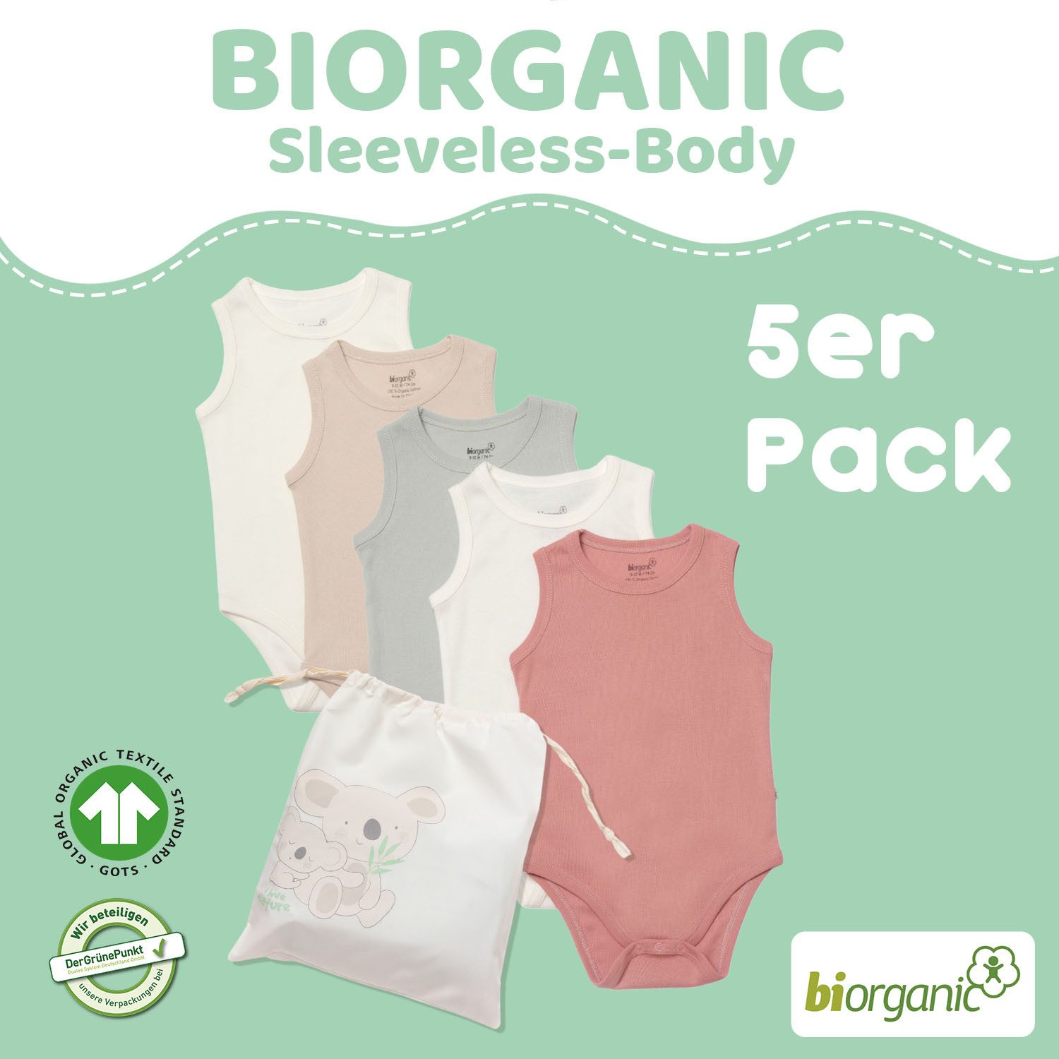 biorganic T-Shirt-Body (5er Pack) für Jungen und Mädchen, Unisex, Mehrfarbig Baby Body (Set, 6-tlg., 5er-Pack Bodys & 1 Beutel) Unterhemden 100% Bio-Baumwolle GOTS-zert. mit praktischen Druckknöpfen