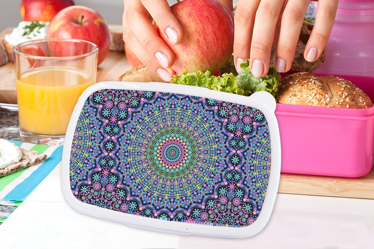 Brotdose Mädchen, Neon Kunststoff - Kunststoff, Hippie MuchoWow rosa Lunchbox - Brotbox - Mandala Muster, Snackbox, (2-tlg), Regenbogen Kinder, für - Erwachsene,