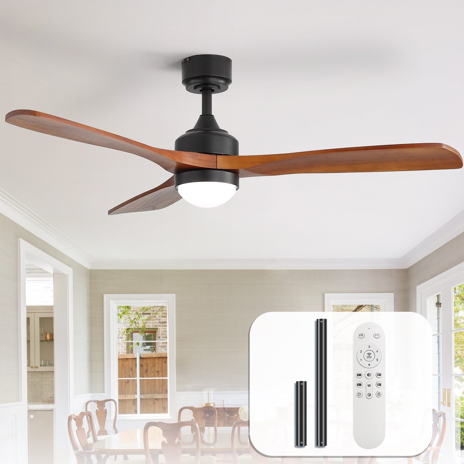 Sofucor Deckenventilator mit LED-Licht – Massivholzflügel & leiser Gleichstrommotor, ⌀ 132 cm, dimmbare Farbtemperatur, Timer & Winter-Sommer-Funktion