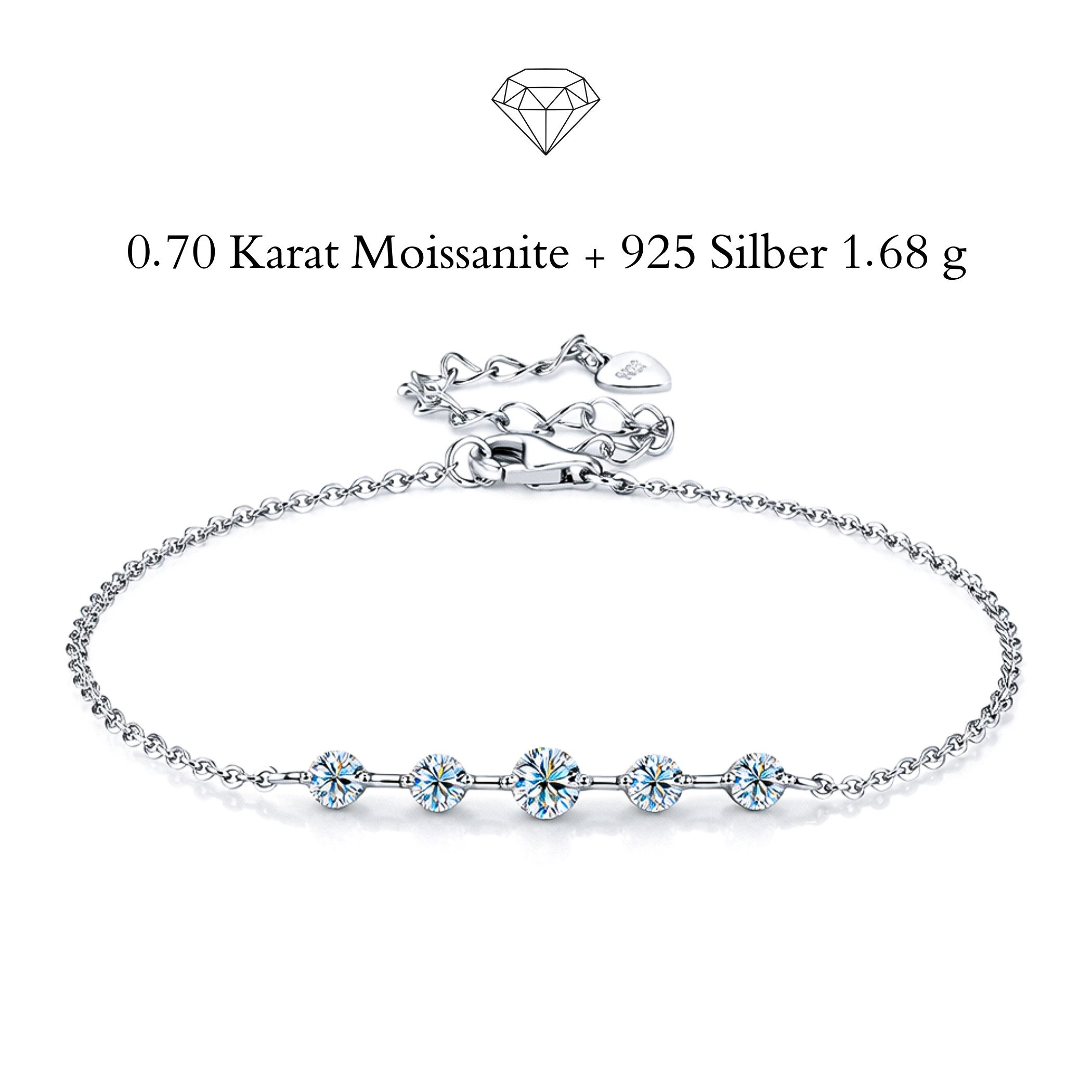 UNIQAL.de Silberarmband 925, 3,62g. mit Moissanit 0,72 ct. Diamant Look (Set, D-Farbe + VVS1 + 1,2 Karat), 925 Sterling Silber, VVS1 Reinheit, GRA-zertifiziert