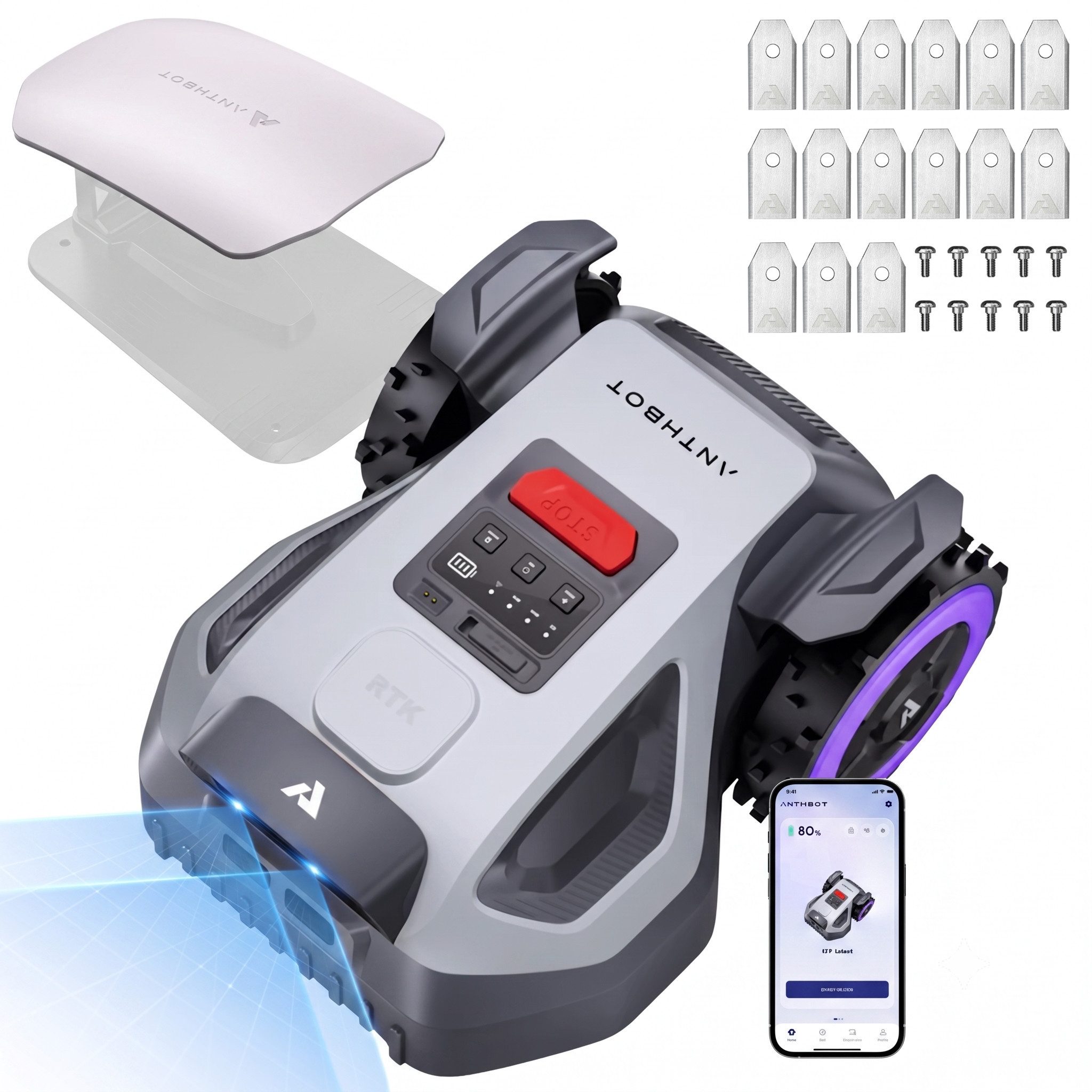 ANTHBOT Rasenmähroboter M-Serie Set inkl. Garage Pro, Mähroboter ohne Begrenzungskabel, bis 1200 m² Rasenfläche, (RTK-Navigation • HDR-Dual-Vision • 45% Steigung), Kantenmähen, Multizonen, Schnitthöhe per App, IPX6