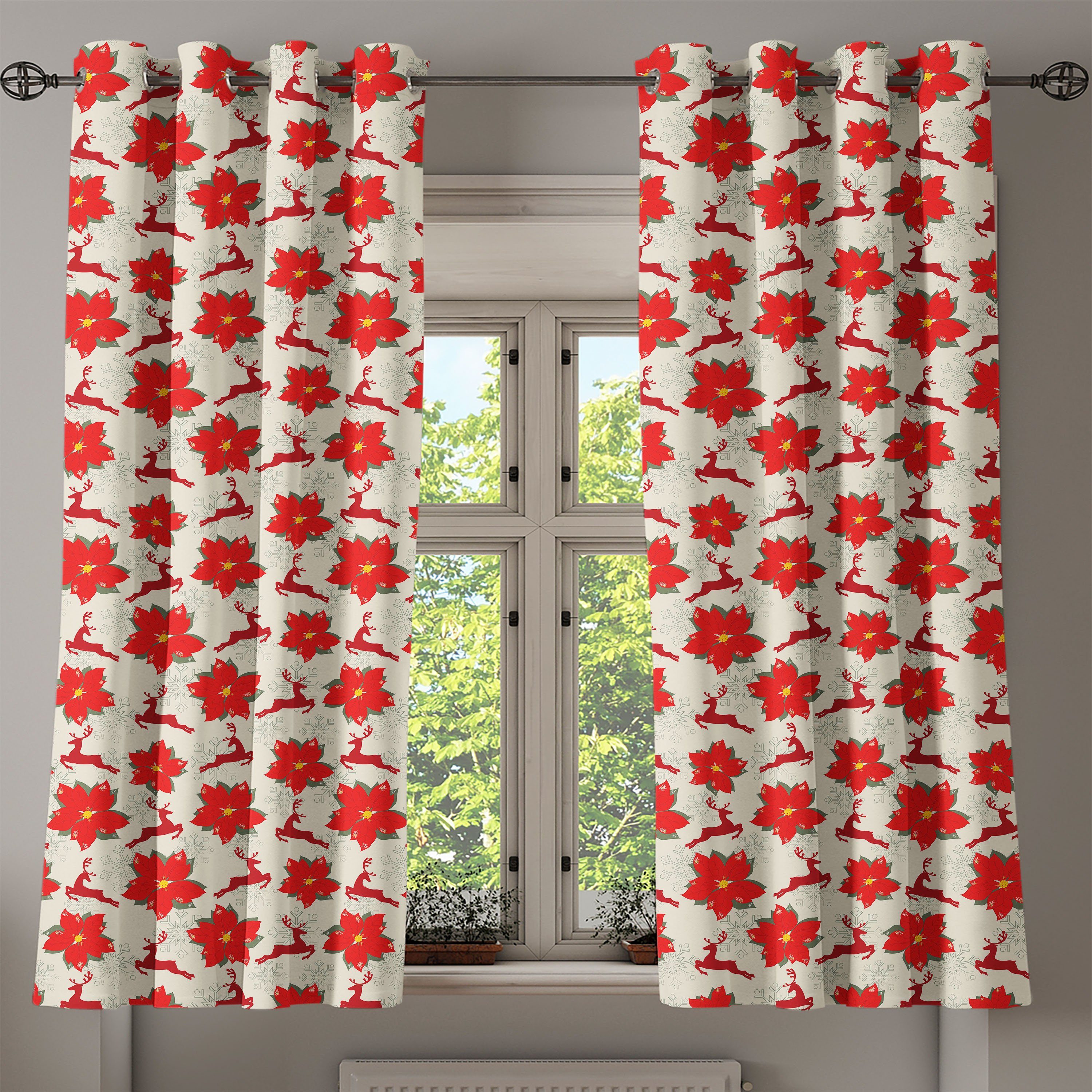 Schlafzimmer Dekorative Poinsettia-Ren 2-Panel-Fenstervorhänge Abakuhaus, Weihnachten Wohnzimmer, Gardine für