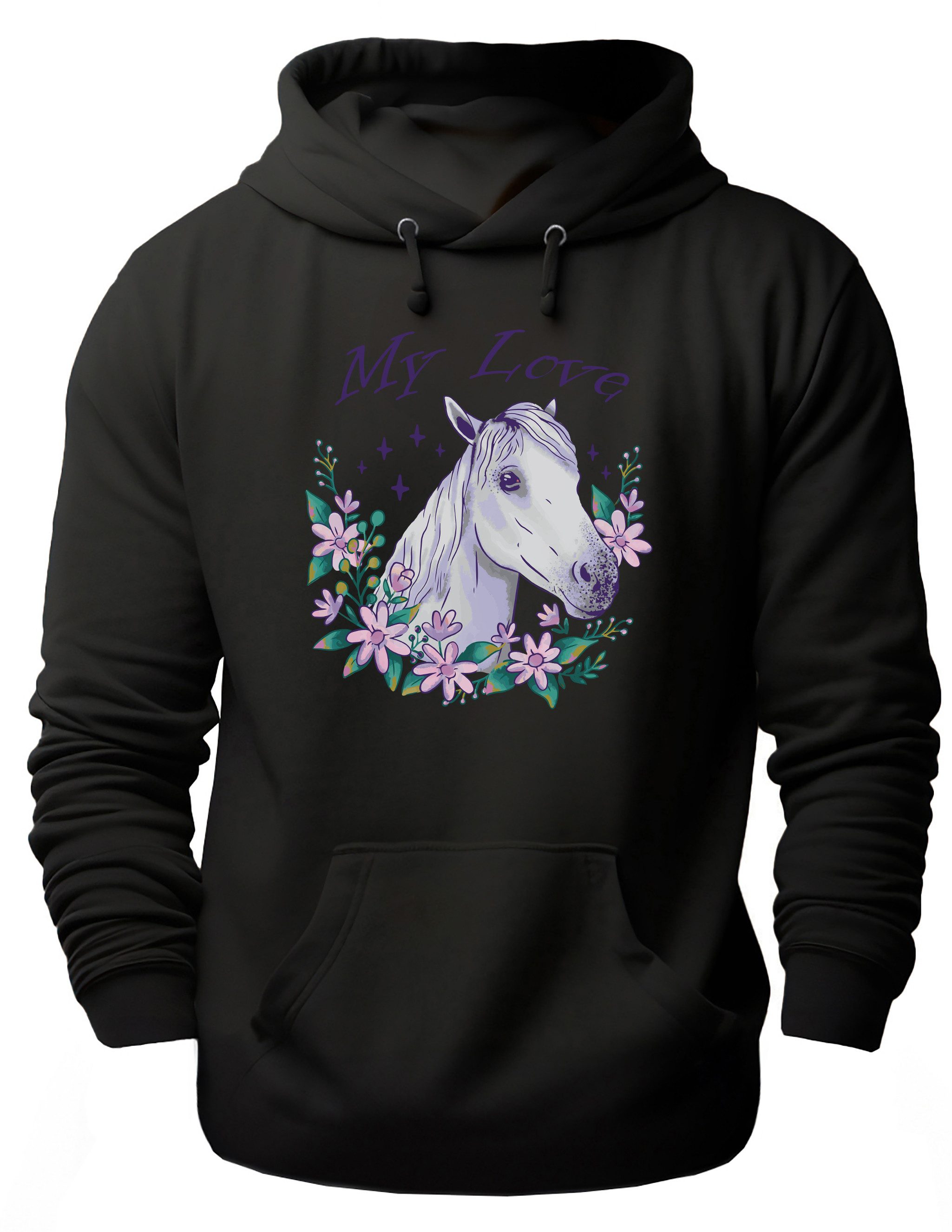 MyDesign24 Hoodie Pferde Kapuzen Pulli - Pferd im Blumenkranz Herren und Damen Kapuzensweater mit Pferde Print i169