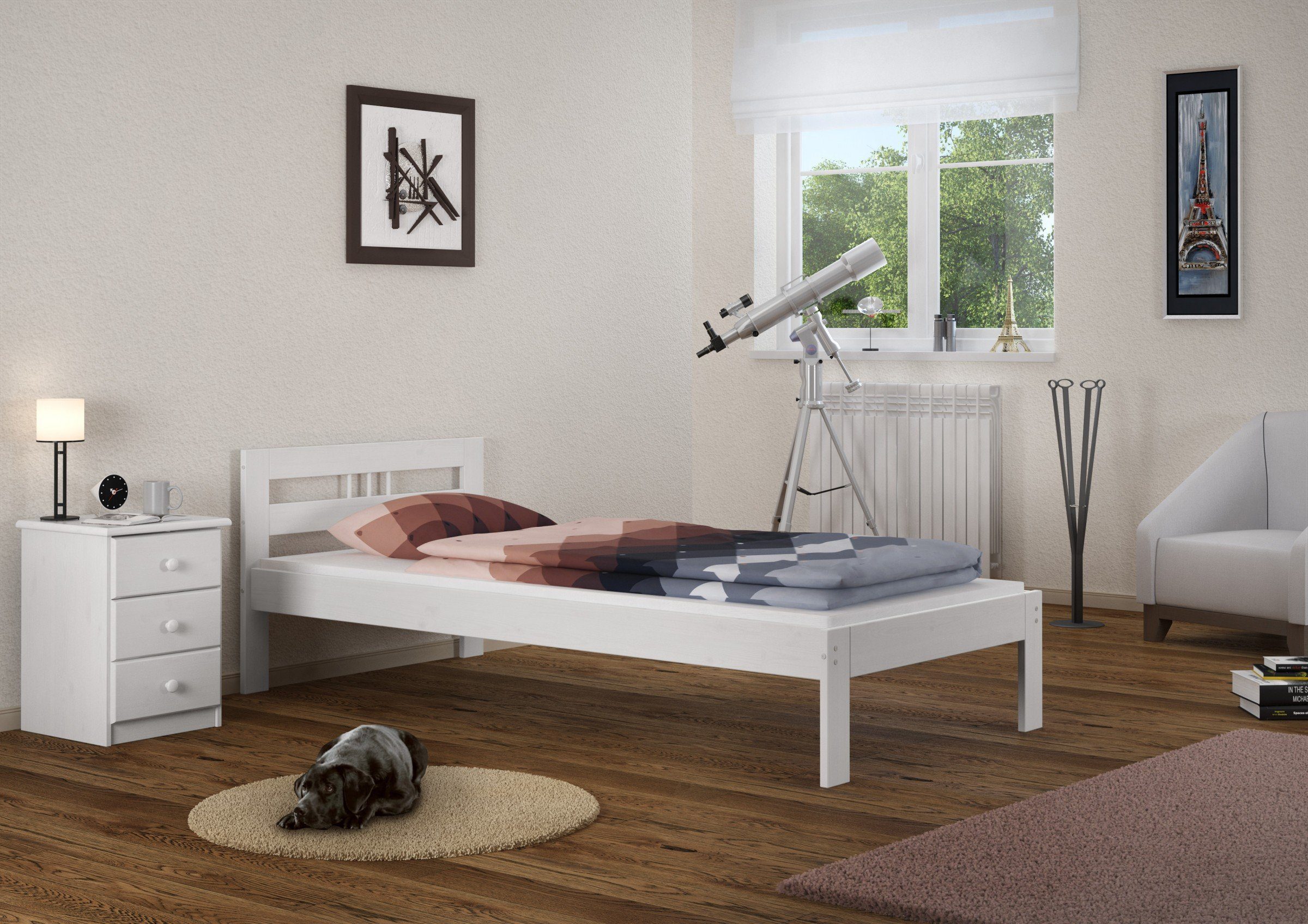 weiß Jugendbett 90x200, Kieferwaschweiß Futonbett ERST-HOLZ Einzelbett Massivholzbett Kiefer Bett