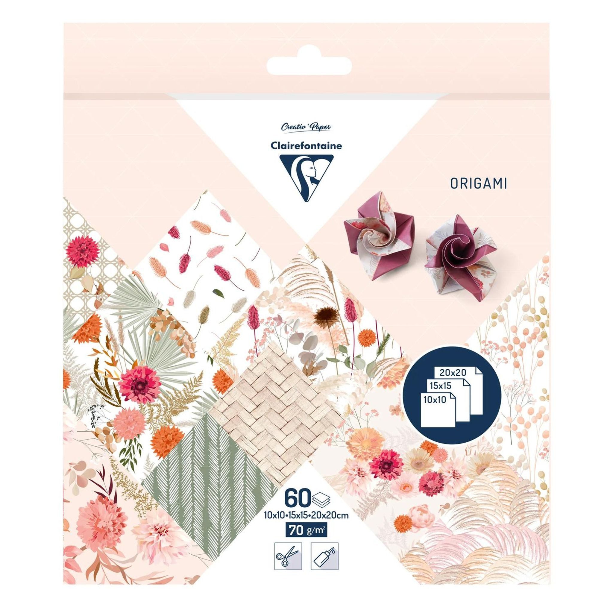 CLAIREFONTAINE Bastelkartonpapier Clairefontaine ORIGAMI 60Bl 3Formate Trockenblumen
