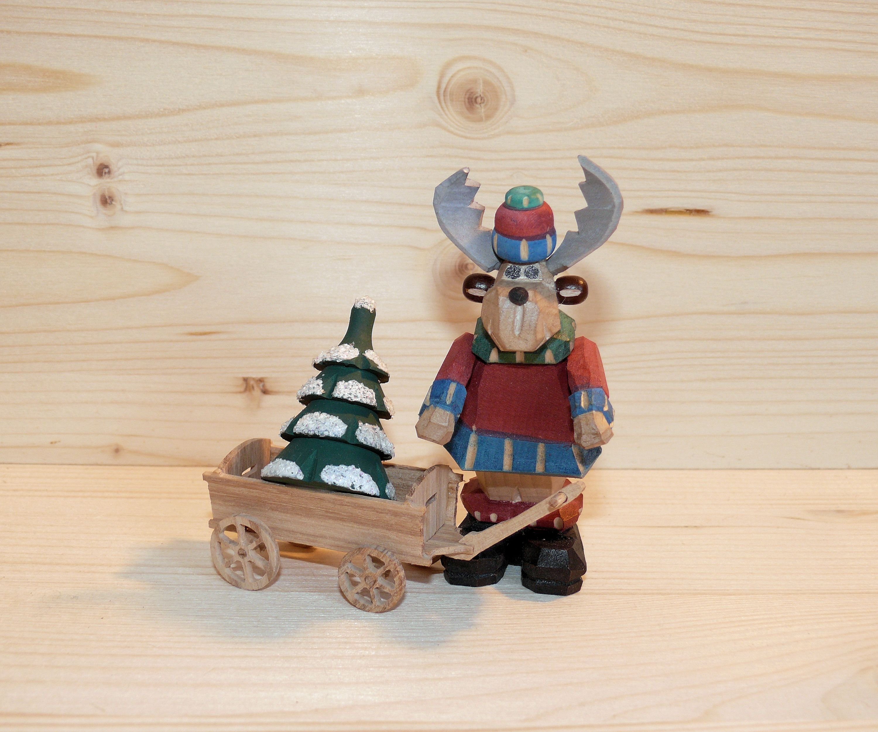 Weihnachtsfigur Elch mit Wagen und bunt cm Baum NEU 9 geschnitzt Weihnachtsfigur