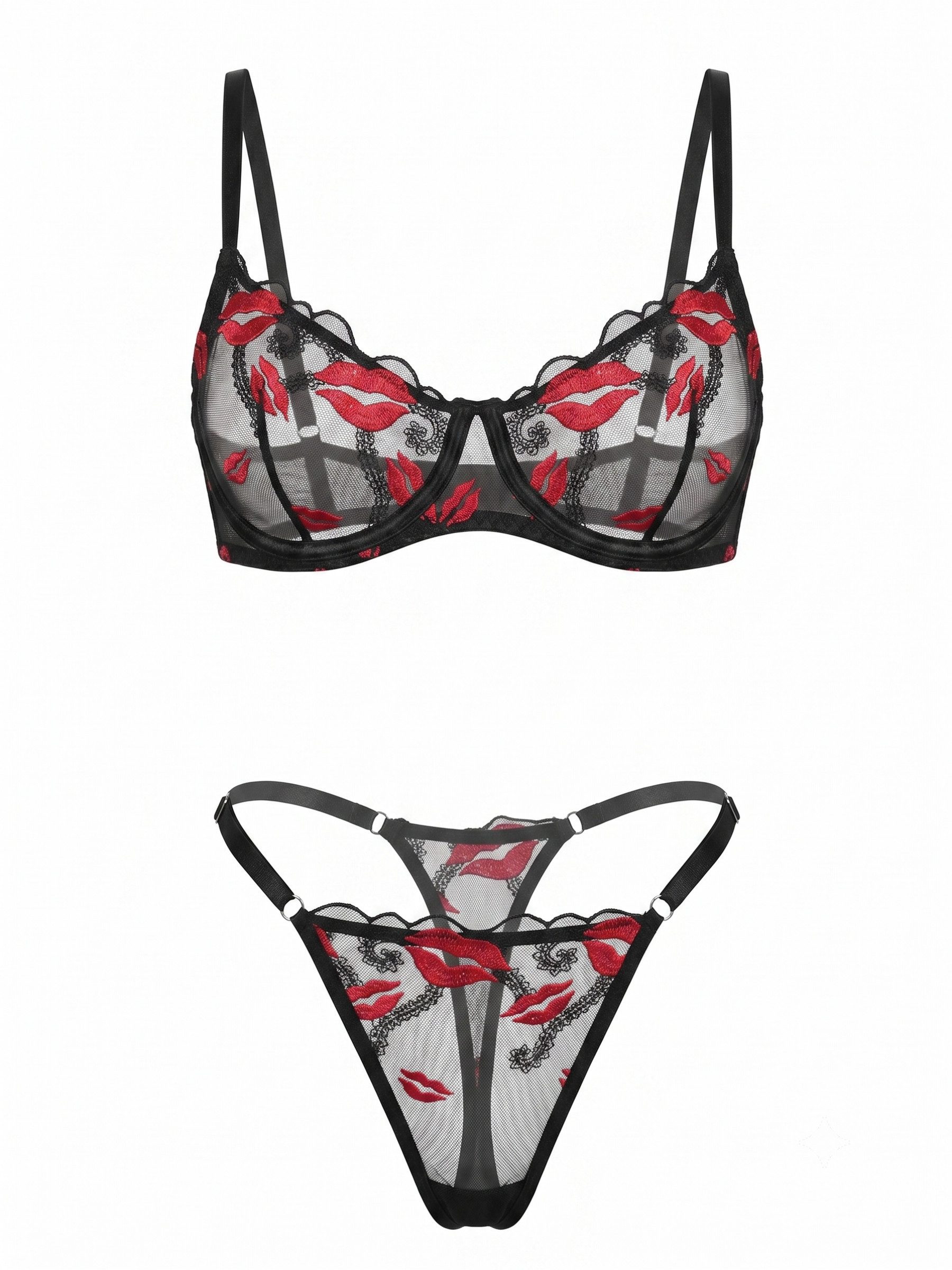 Elegant Love Set: Bügel-BH Dessous-Set Damen – BH & String aus Spitze mit Lippenstickerei (Set, 2-tlg., mit Tanga) Elegante Unterwäsche & Reizwäsche – Lingerie  – Bild 2 von 5