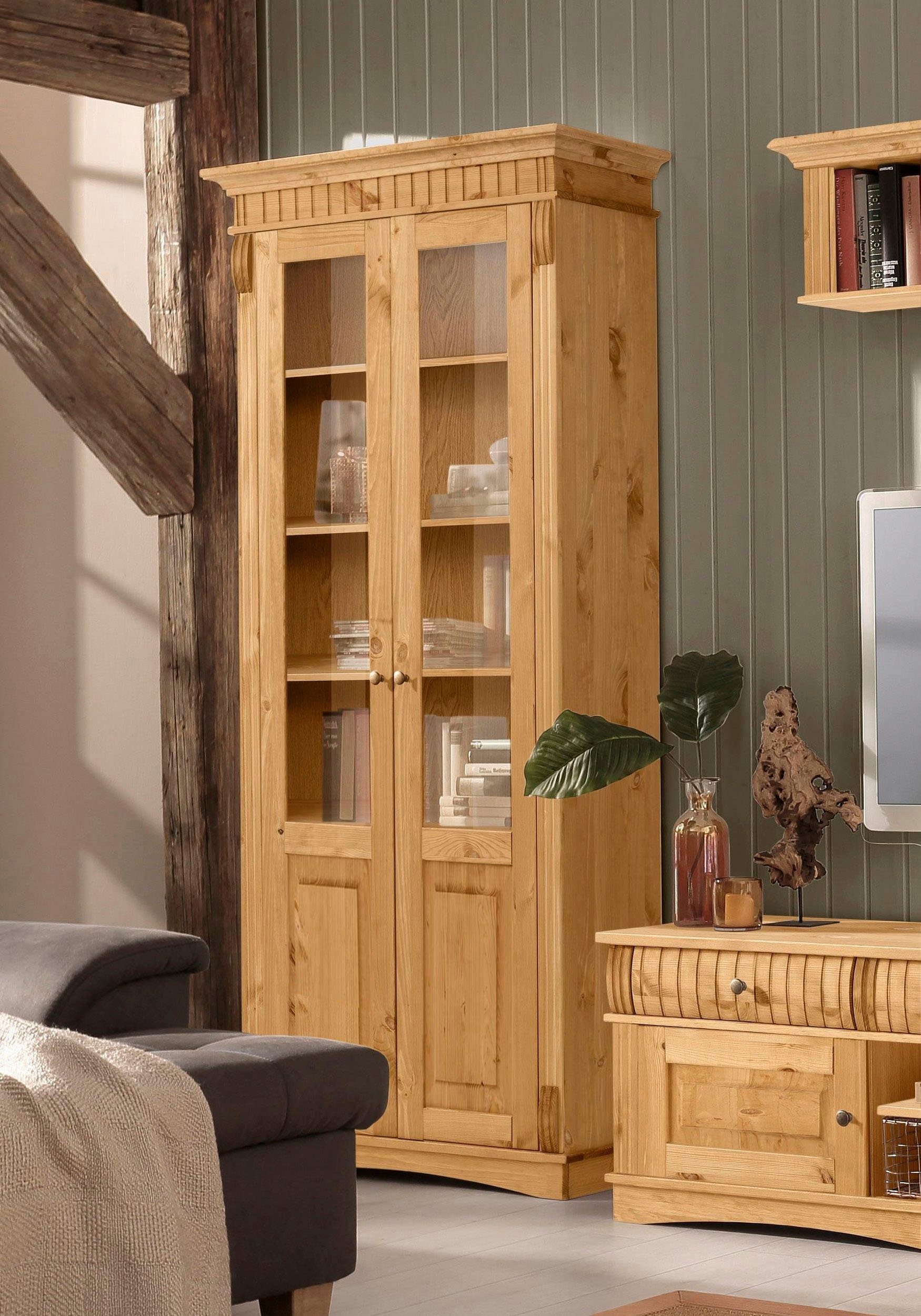 OTTO home Glasvitrine Teresa (Maße (B/T/H): ca. 90/32/193 cm) mit 2 Glastüren, Höhe 193 cm, aus massiver Kiefer, FSC®