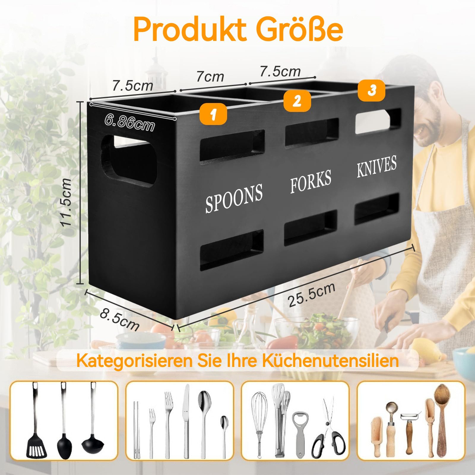 BlingBin Besteckhalter Utensilienhalter aus Holz, küchenutensilienhalter Utensilien-Organizer, (1er Set, 1-tlg., Holz-Utensilienbehälter mit 3 Fächern, 25,4 x 11,5 x 8,6 cm), Aufbewahrungsbehälter, Besteckhalter, für Messer, Gabel und Löffel