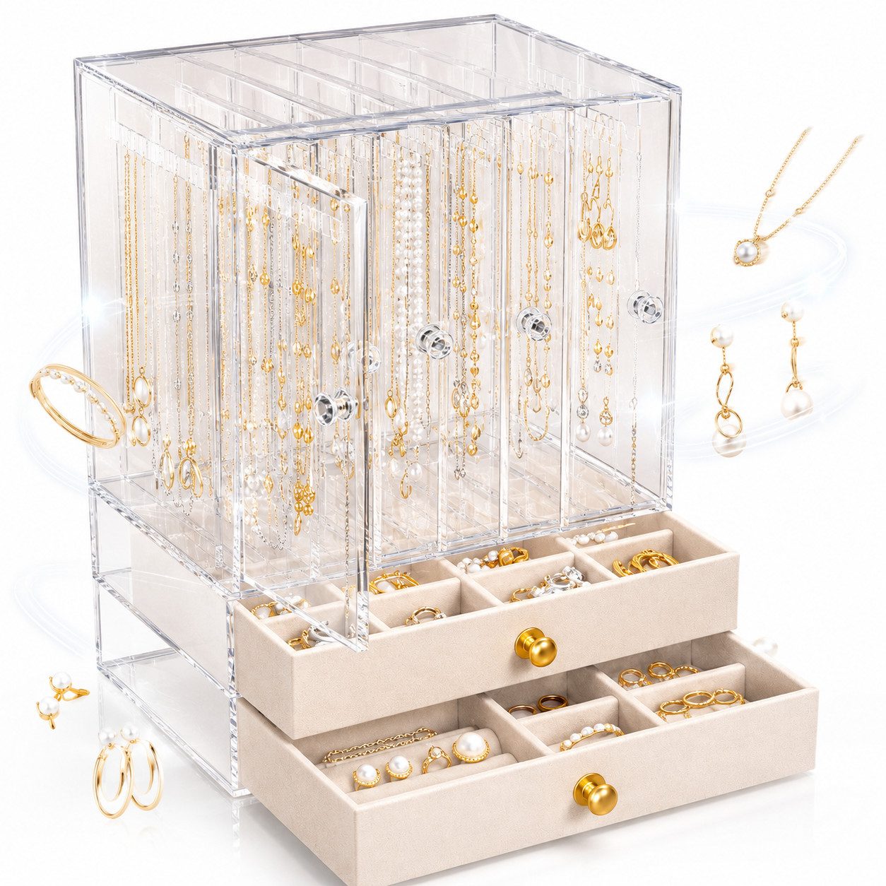 ibettertec Make-Up Organizer Schmuckkasten Groß, Schmuckkoffer mit Glasfenster für Damen, Set, Transparentes Material, Praktisches aufgeteiltes Innenlayout