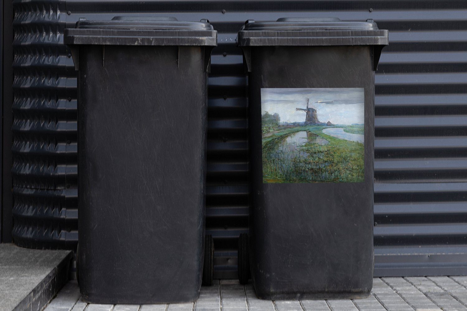 Mondschein bei Sticker, Windmühle Piet Abfalbehälter Mondrian der - Wandsticker (1 Mülltonne, Mülleimer-aufkleber, auf St), Gein MuchoWow Container,