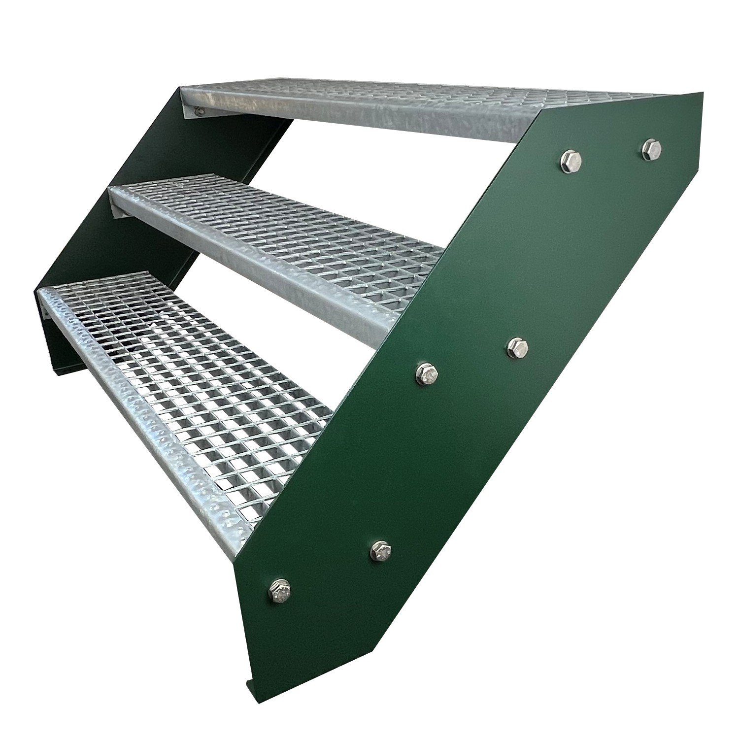 Kaminbau Mierzwa Außentreppe Premium Treppe Grün Höhe Verstellbar, für Geschosshöhen bis 57 cm, Stufen Gitterroststufen nach DIN 24531, (Höhe 57 cm, Breite wählbar aus 60, 80, 100, 120, 140 cm), Gartentreppe Stahltreppe Wetterfest Rostfrei Feuer-Verzinkt Rutschfest