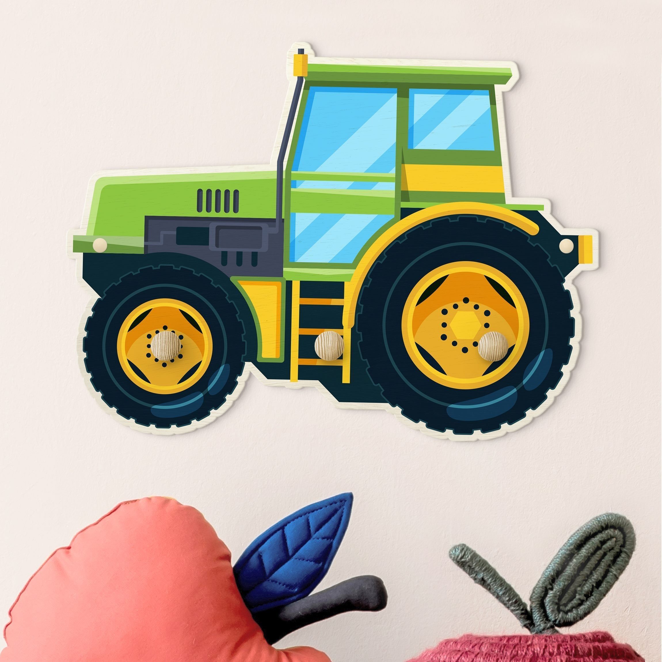 Bilderdepot24 Garderobenpaneel grün Illustration Grüner Traktor (Kindergarderobe Holz Kleiderhaken für die Wand inkl. Montagematerial), moderne Wand Garderobenleiste Flur - kleine Hakenleiste Kinderzimmer