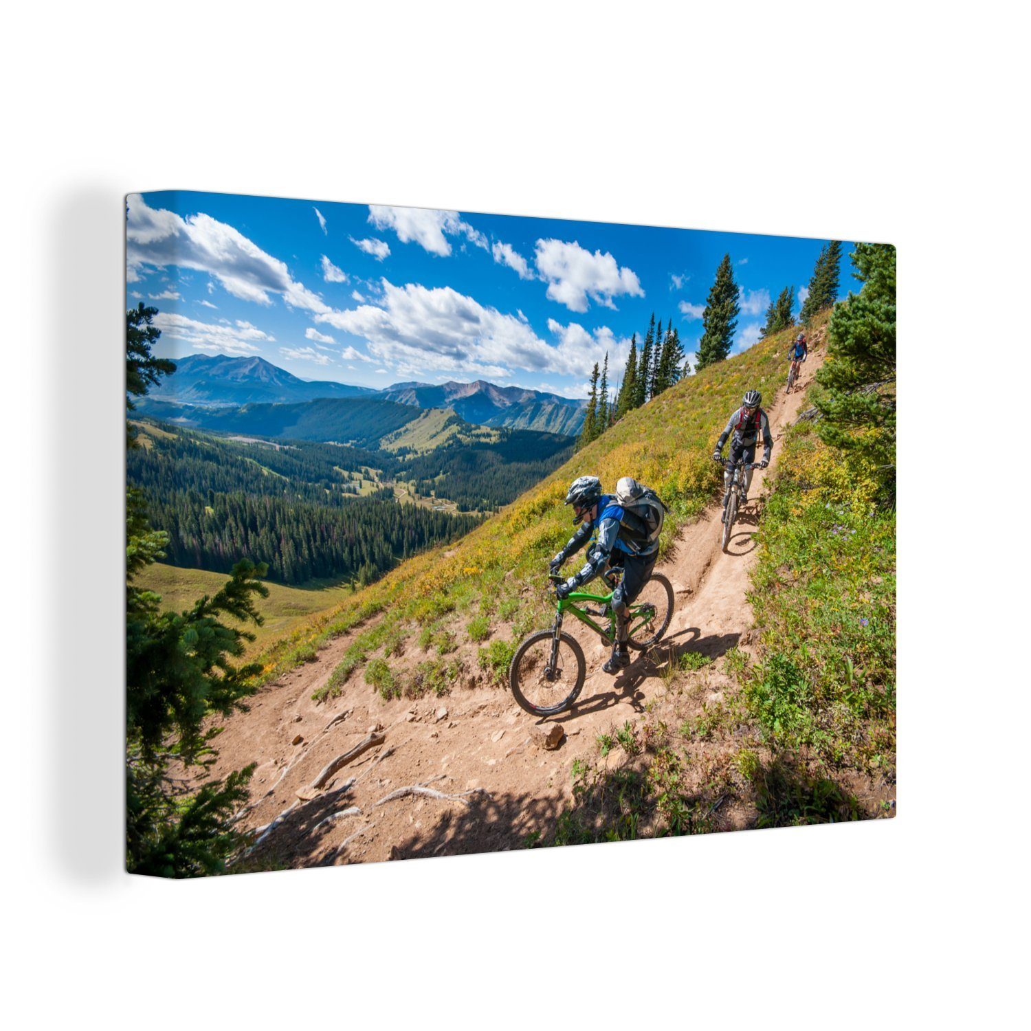 OneMillionCanvasses® Leinwandbild Drei Mountainbiker steigen ab, (1 St), Wandbild Leinwandbilder, Aufhängefertig, Wanddeko, 30x20 cm