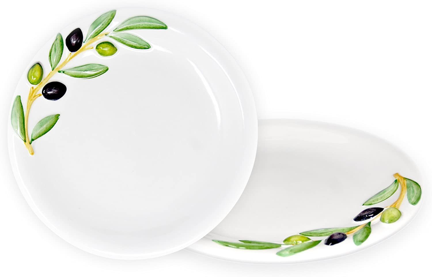 Lashuma Tafelservice Olive (2-tlg), Keramik, Speiseteller rund mit Oliven Dekor 20 cm