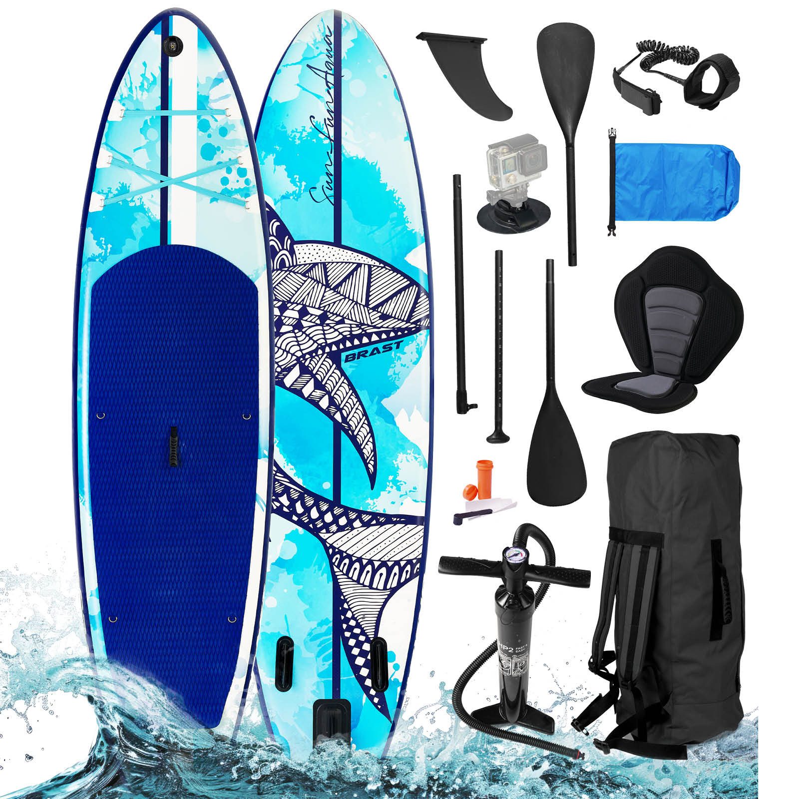 SUP-Board Shark, Aufblasbares Stand up Paddle Set, 320x81x15cm, 8 Designs