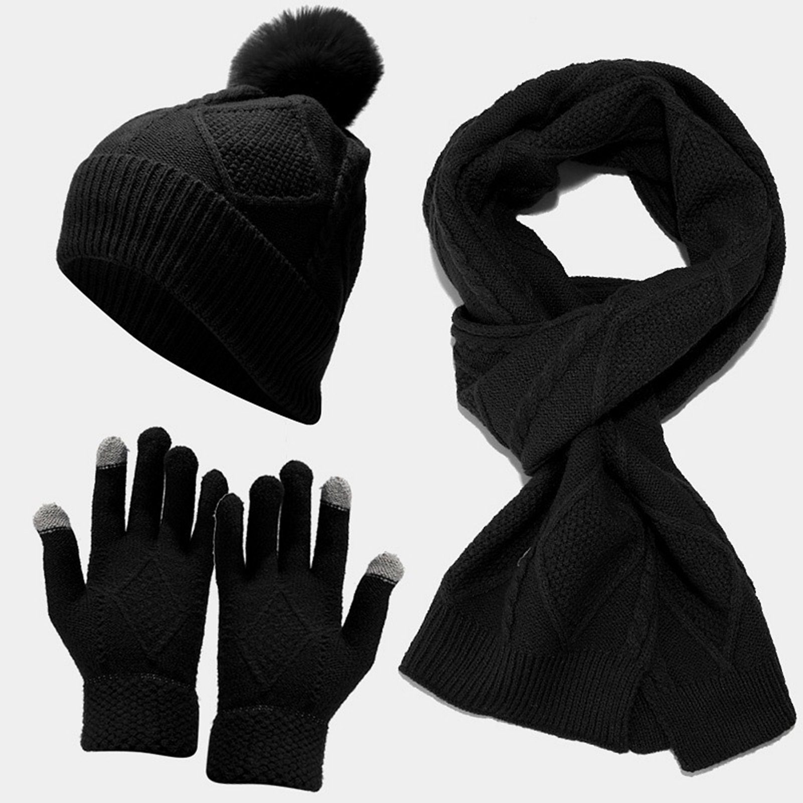 Winterschal Strickmütze Set Touchscreen Wintermütze Handschuhe (für Thermo Rutaqian Handschuhe Beige 3-in-1 Beanie Schal Unisex Winter-Set) Strickmütze