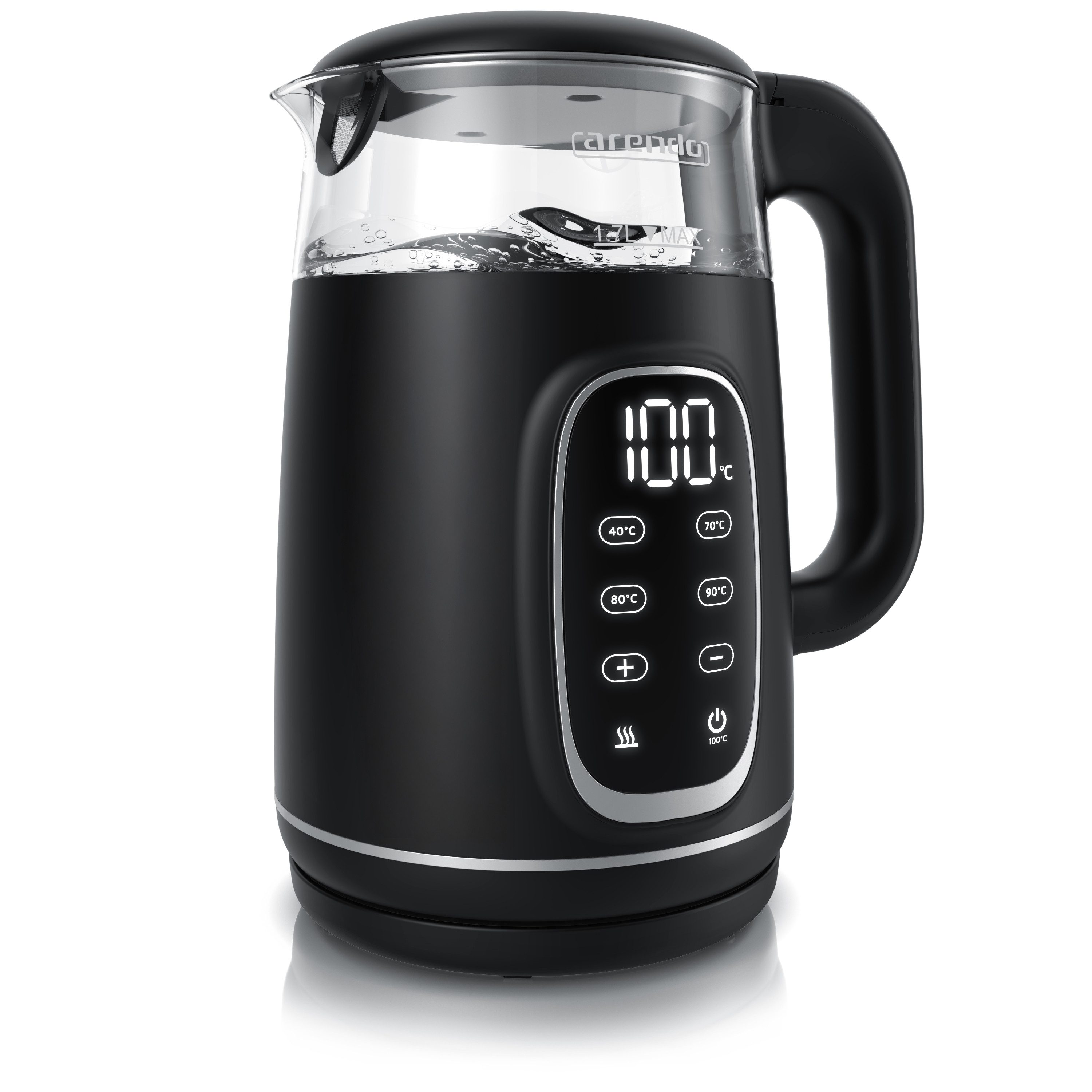 Arendo Wasserkocher Glas & Edelstahl, Temperatureinstellung 40°–100°C, Anzeige, Doppelwand, 1,7 l, 2200 W, Echtzeit-Temperaturanzeige, 5°C-Schritte, Warmhalten 120 min, BPA-frei