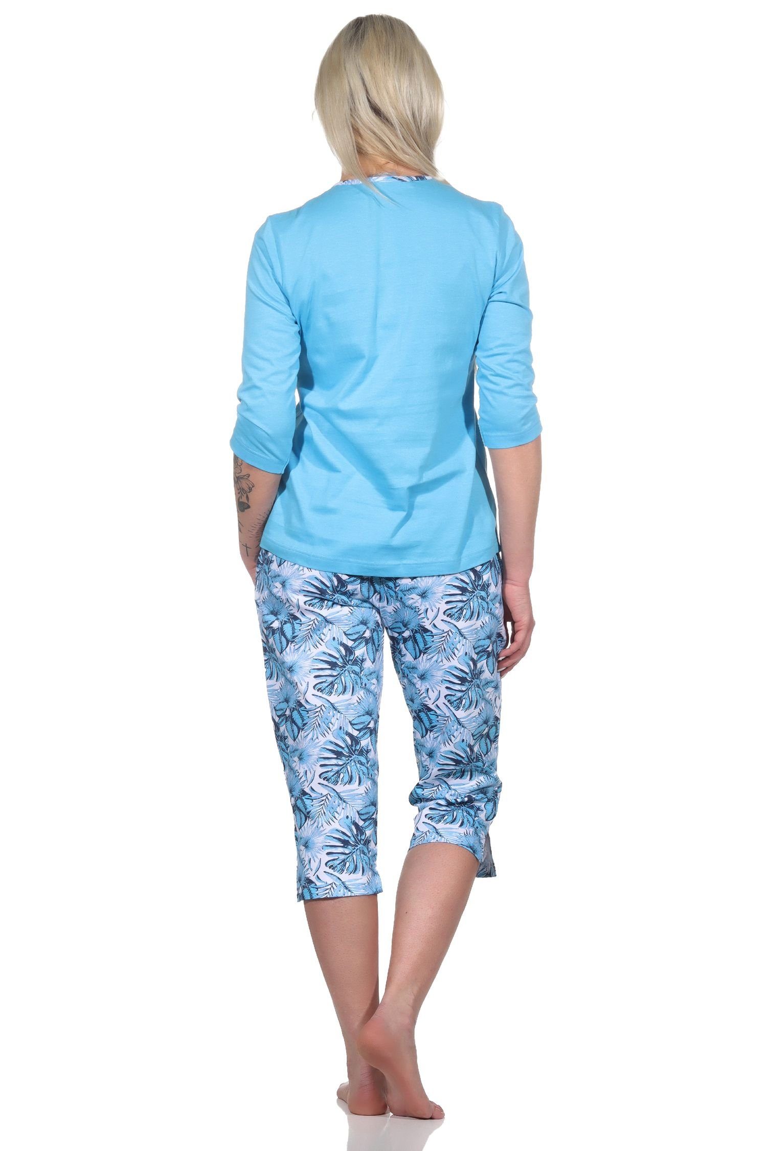 Normann Pyjama Wunderbarer floralem Damen in blau kurzarm Print mit Pyjama Caprihose