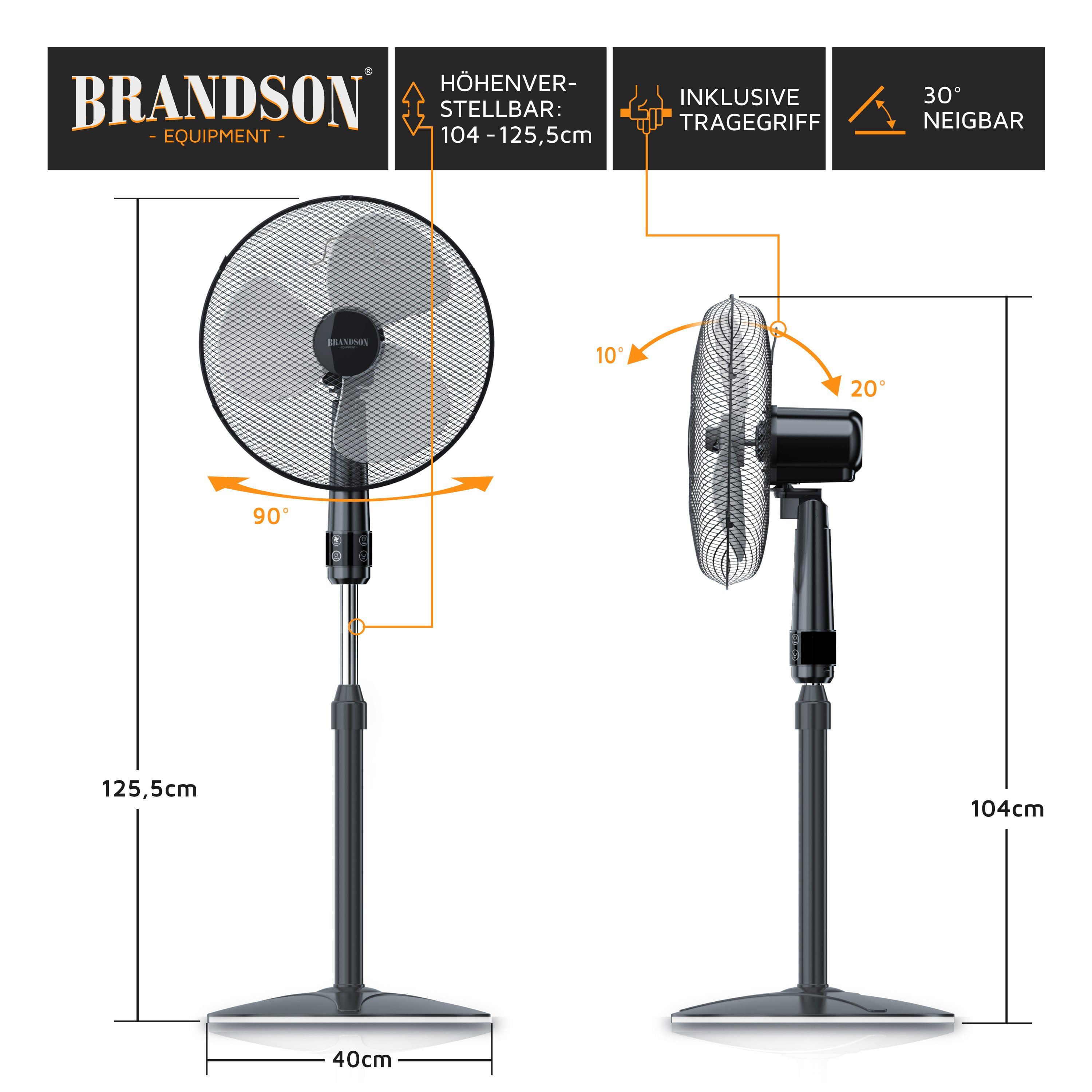 Brandson Standventilator Fernbedienung, leise, Höhe & Neigung verstellbar, Oszillation, 50W, 40,5 cm Durchmesser, Preisträger 2025, mobiler Lüfter, 3 Geschwindigkeitsstufen, GS-Geprüft