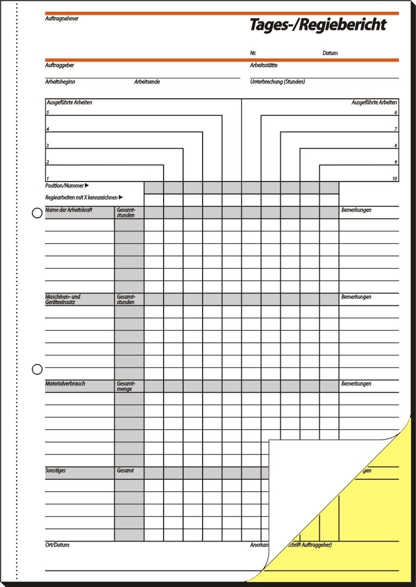 Formularblock Tages-/Regiebericht A4 hoch 56g/qm 1. und 2. Blatt bedruckt selbstdurc