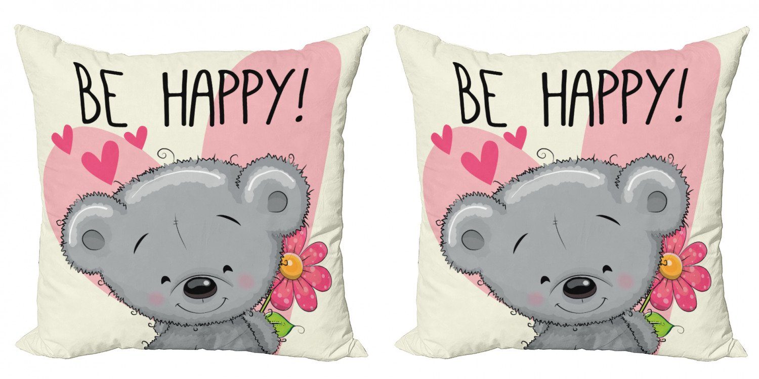 Kissenbezüge Modern Accent Doppelseitiger Digitaldruck, Abakuhaus (2 Stück), Sei glücklich Cartoon Teddybär Blume
