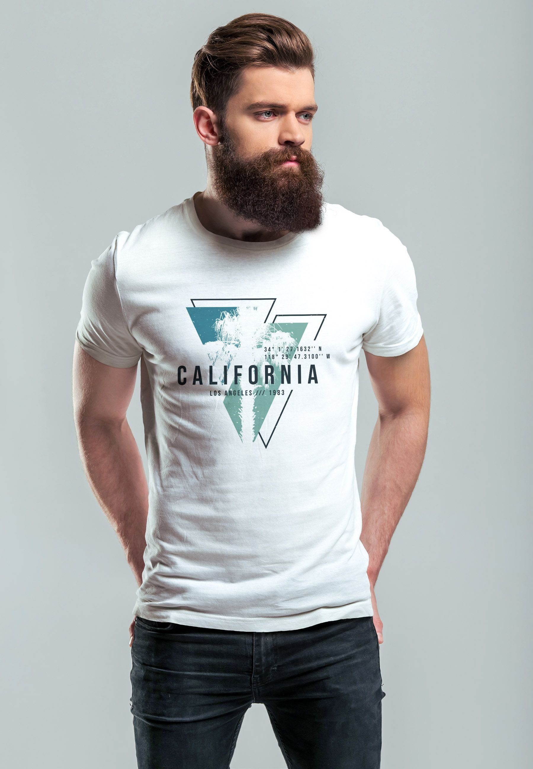 Los Fashion T-Shirt Print-Shirt USA Sommer weiß Herren mit Neverless Print Surfing Angeles Motiv California