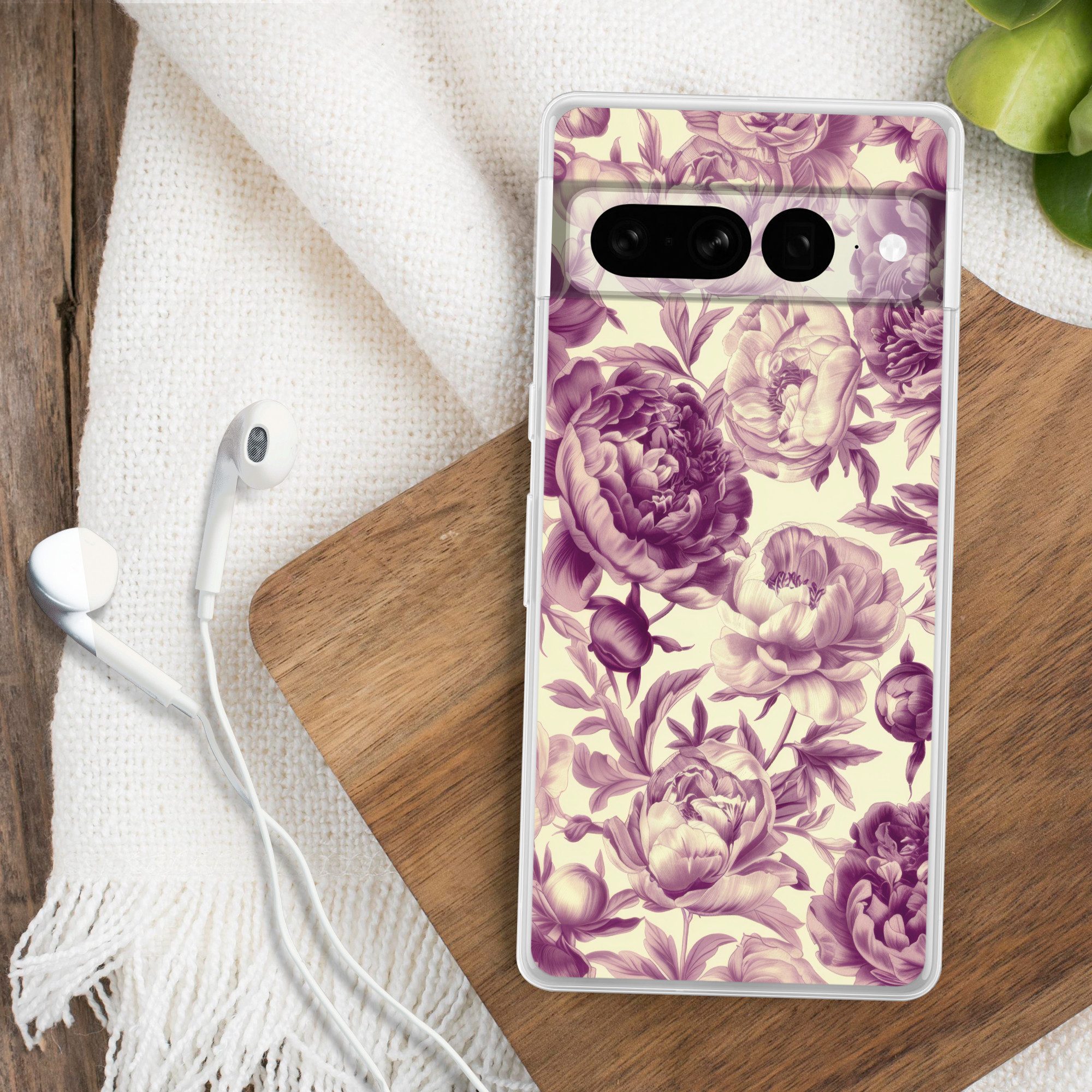 MuchoWow Handyhülle für Google Pixel 7 Pro Blumen - Muster - Lila - Beige, Phone Case, Silikon, Schutzhülle Dünn