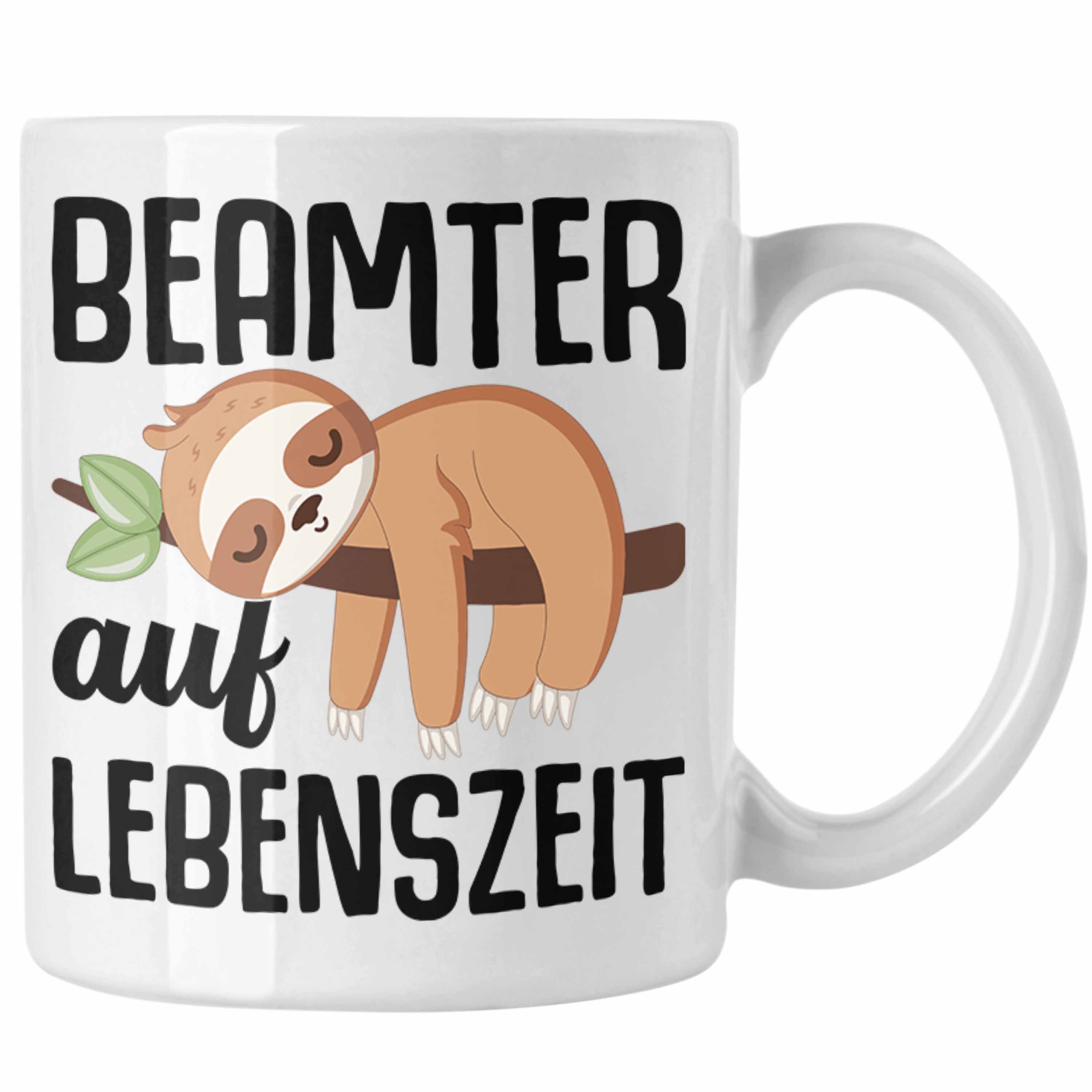 Trendation Tasse Trendation - Beamter Auf Lebenszeit Tasse Geschenk für Beamte Verbeamtet Lehrer Polizist Lustiger Spruch Faultier Weiss