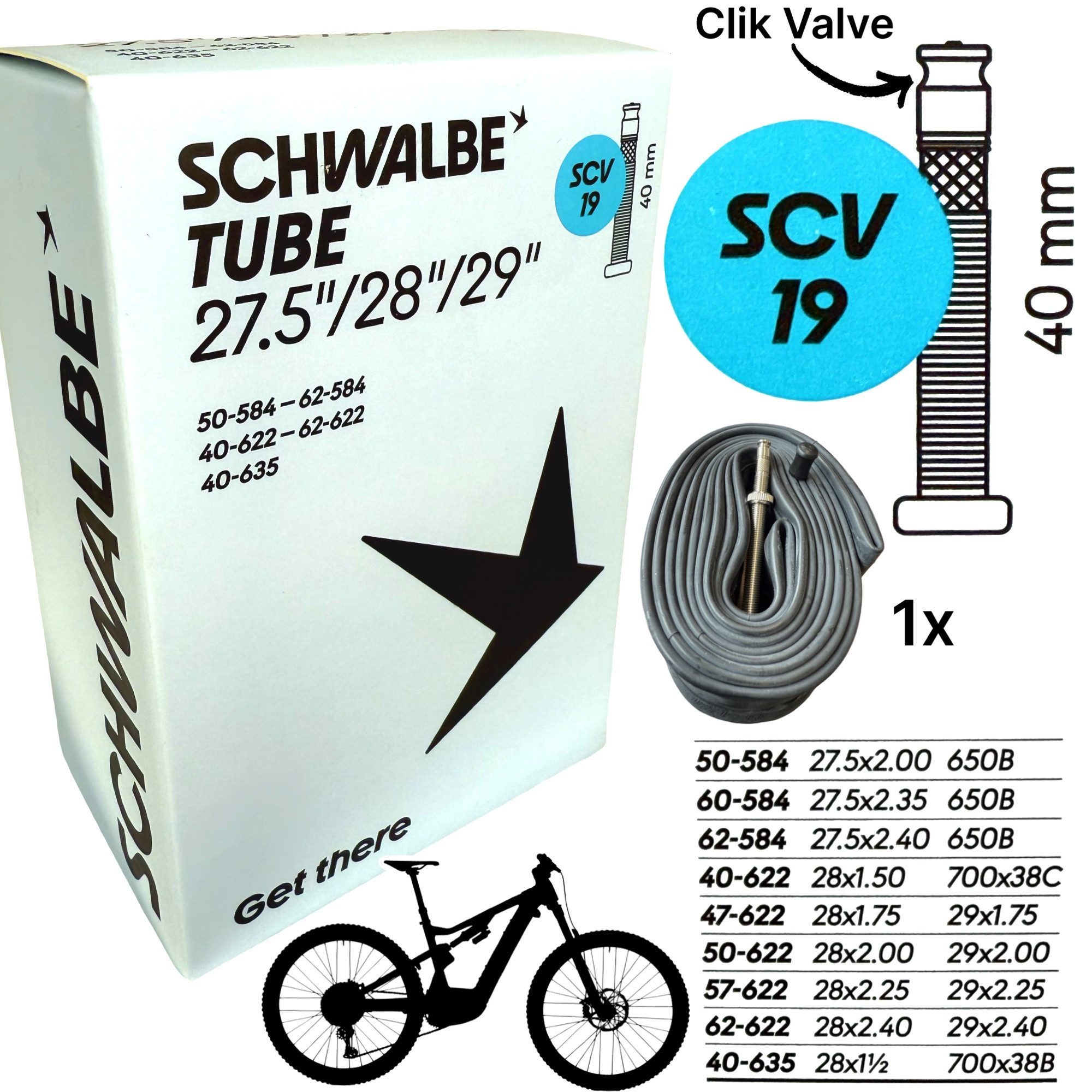 Fahrradschlauch Schwalbe MTB Fahrrad-Schlauch SCV 19 I 27,5"- 29" 2.4 Clik Ventil 40mm