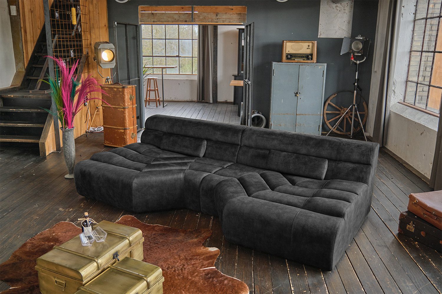 KAWOLA Big-Sofa TARA, Sofa Couch Velvet Vintage verschiedene Farben 286x143 cm