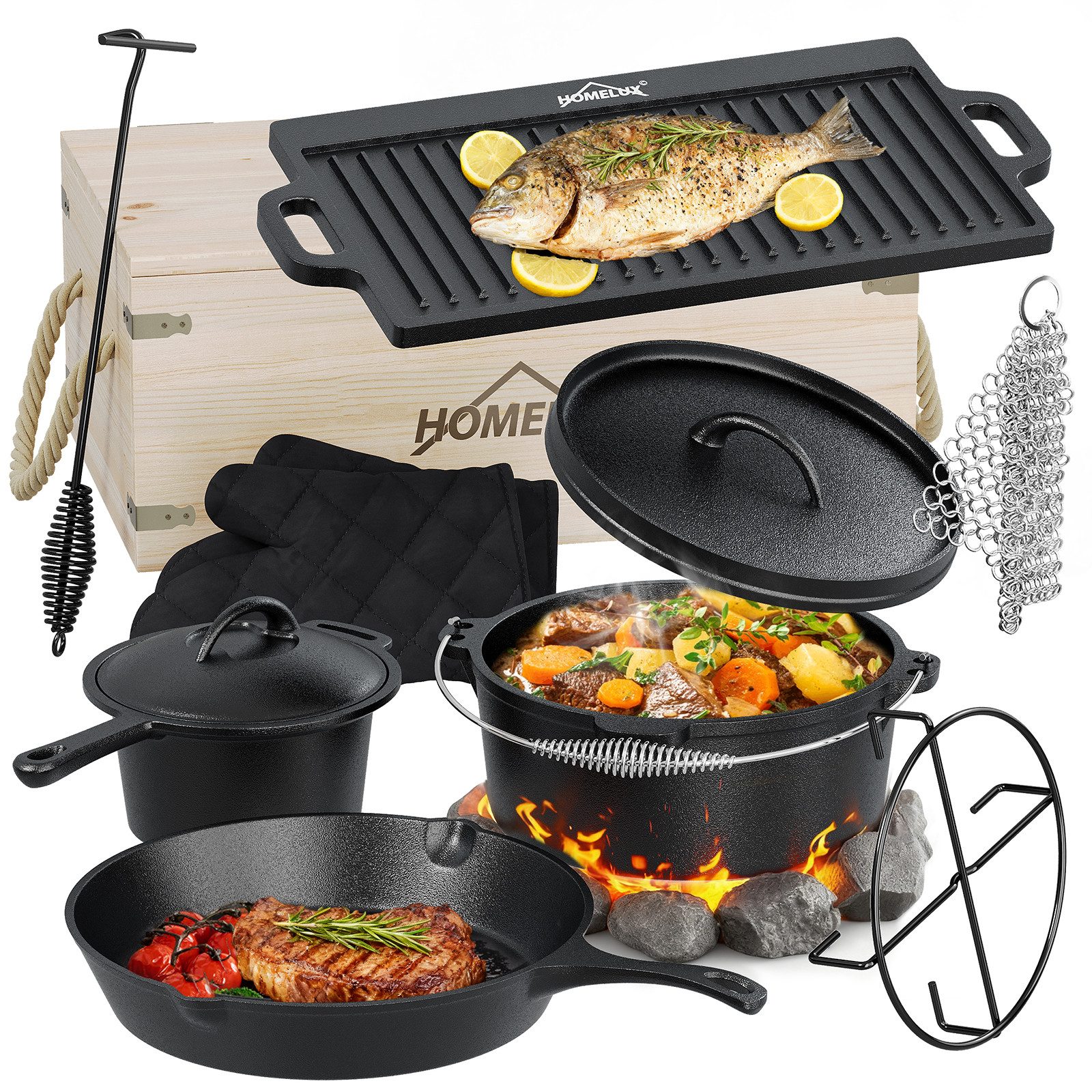 HOMELUX Topf-Set 10/12-tlg. Dutch Oven Set in Holzkiste Kochtopf Grillplatte Stieltopf, Gusseisen (Set, 10-tlg., Handschuhe, Stapelrost, Ringreiniger, Deckelheber), Gusseisen, vorgebacken, Hitzebeständig bis 280 °C