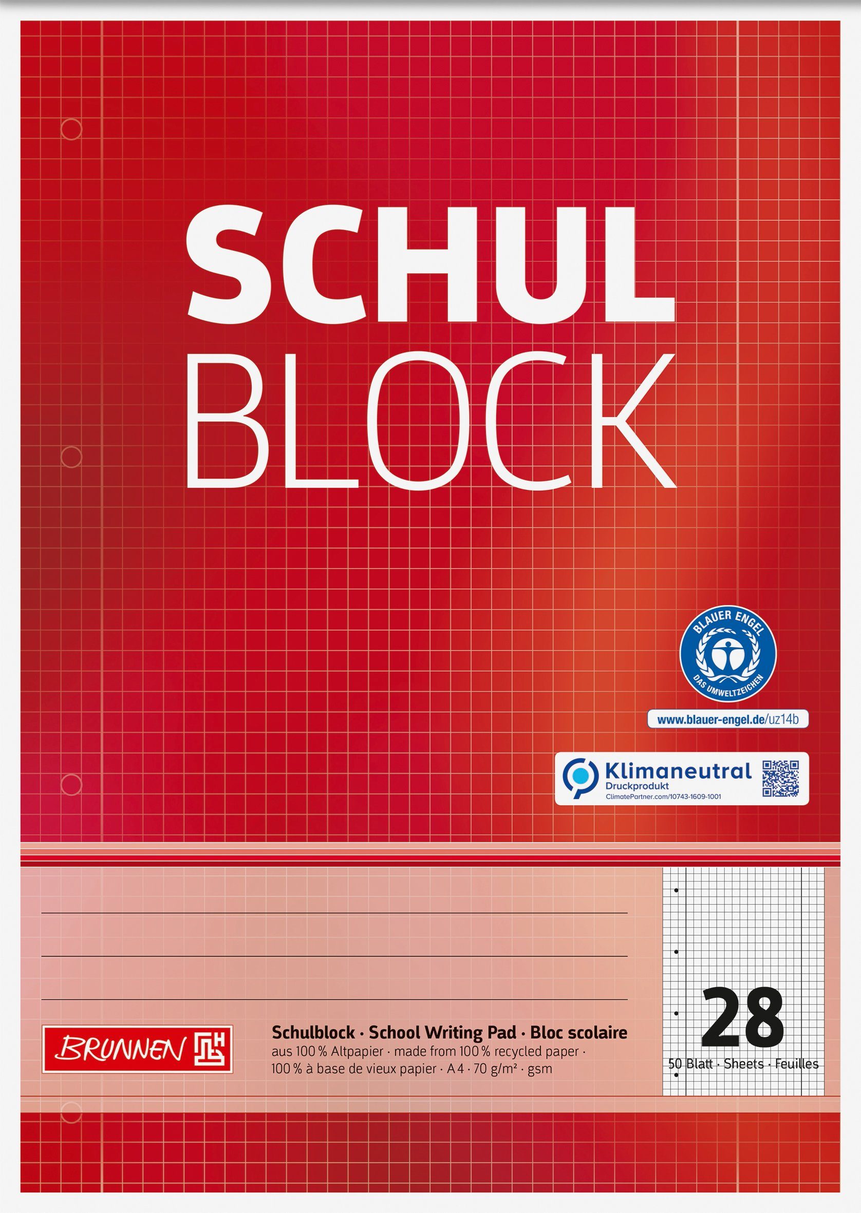 BRUNNEN Briefpapier BRUNNEN 105260801 Block A4 "Schulblock" mit Recycling kariert, Randlin