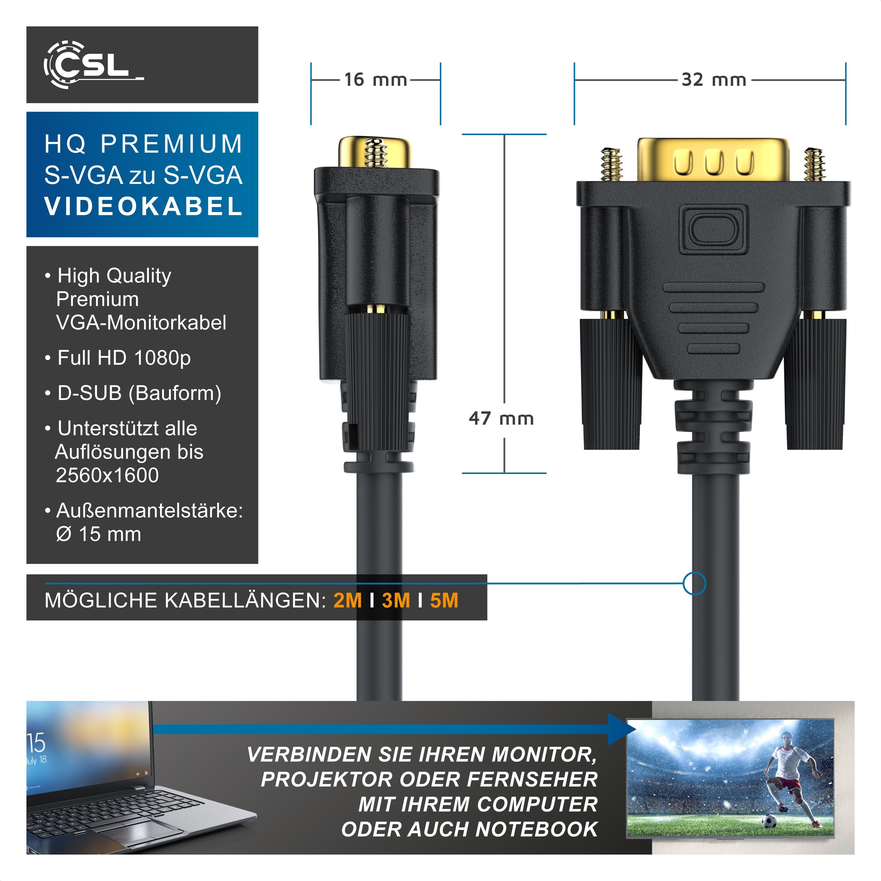 Primewire Video-Kabel, VGA, (300 cm), Monitorkabel, 15-poliger S-VGA Anschluss (D-Sub), 1080p - 3m