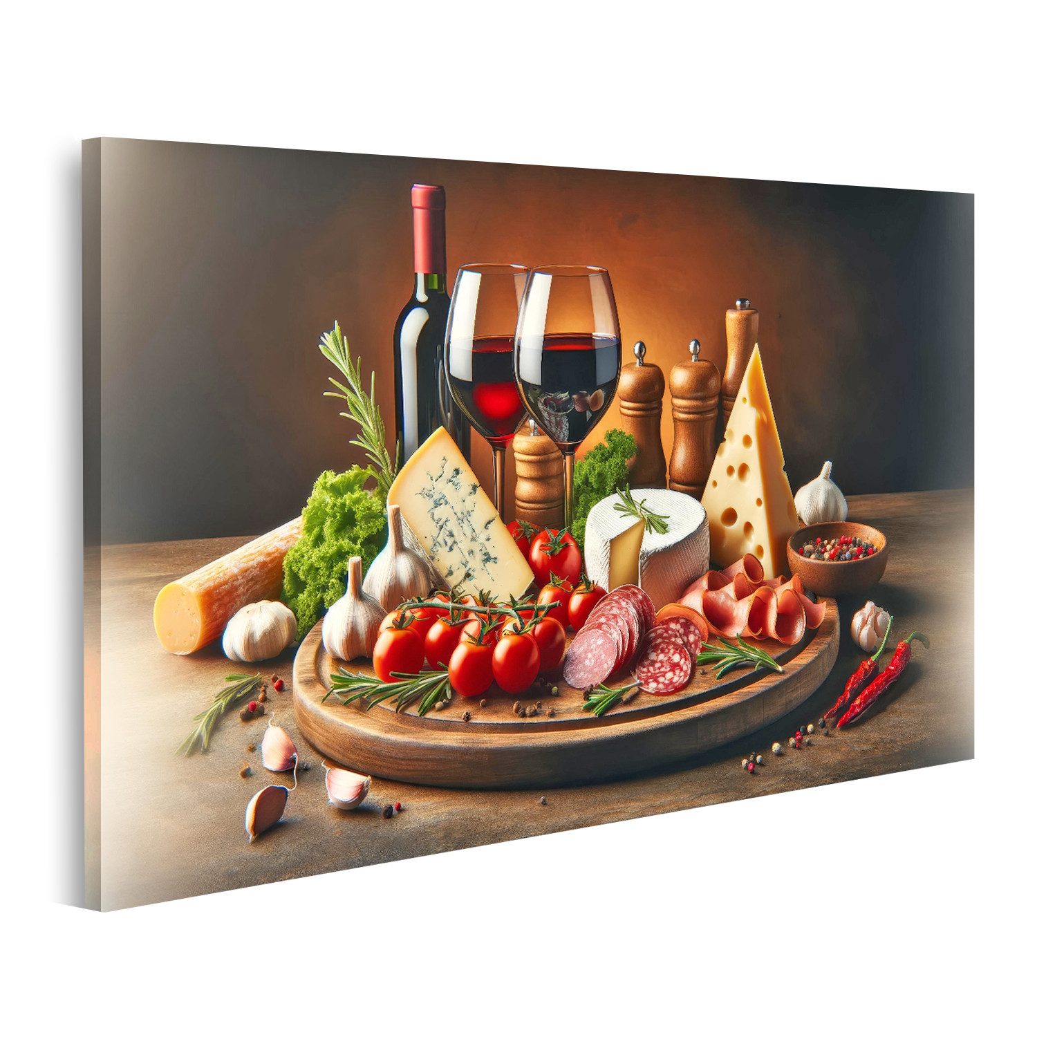 islandburner Leinwandbild für die Küche kulinarisches Stillleben Mit Wein Und Käse