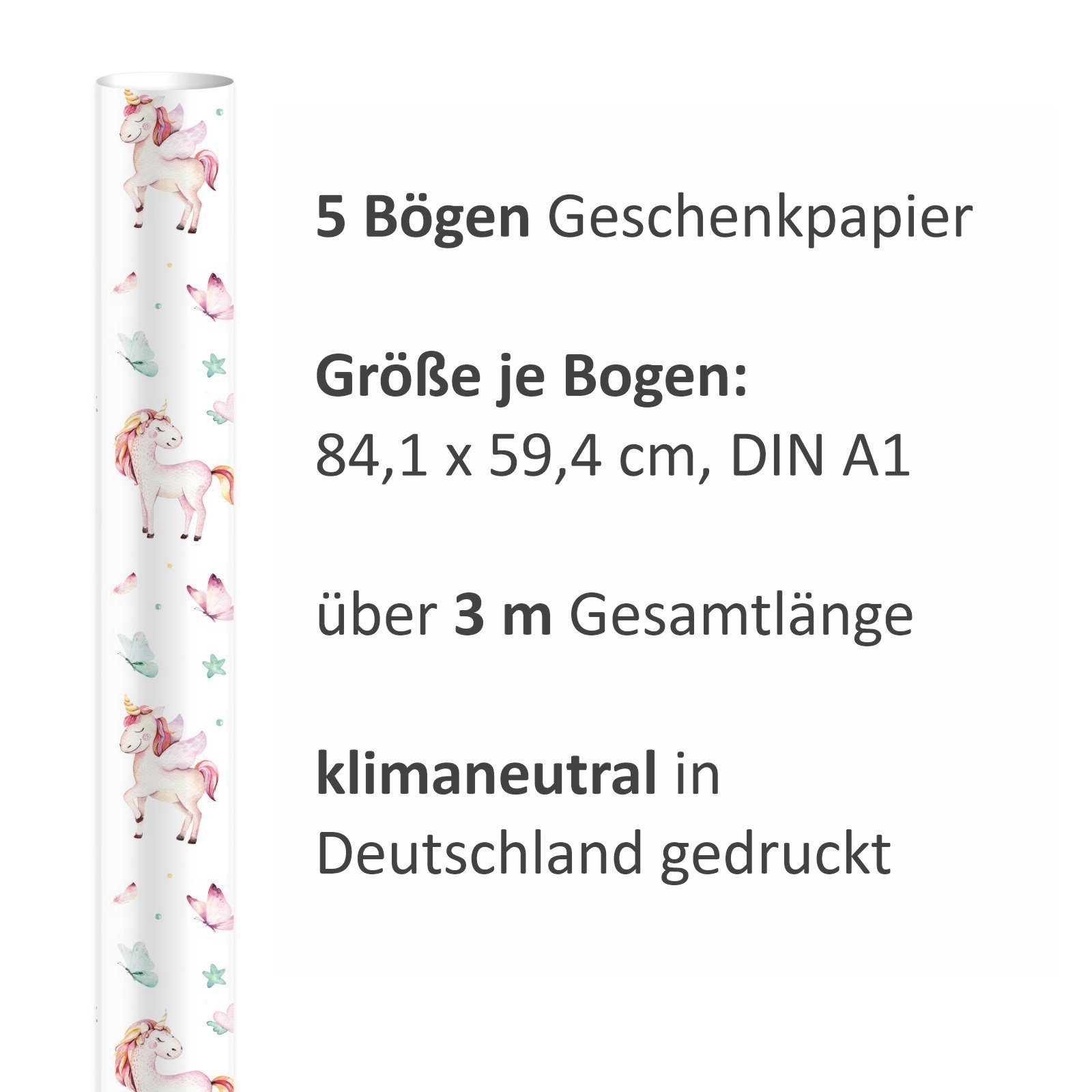 nikima Packpapier Einhorn bunt Aquarell Geschenkpapier, 5 Bögen