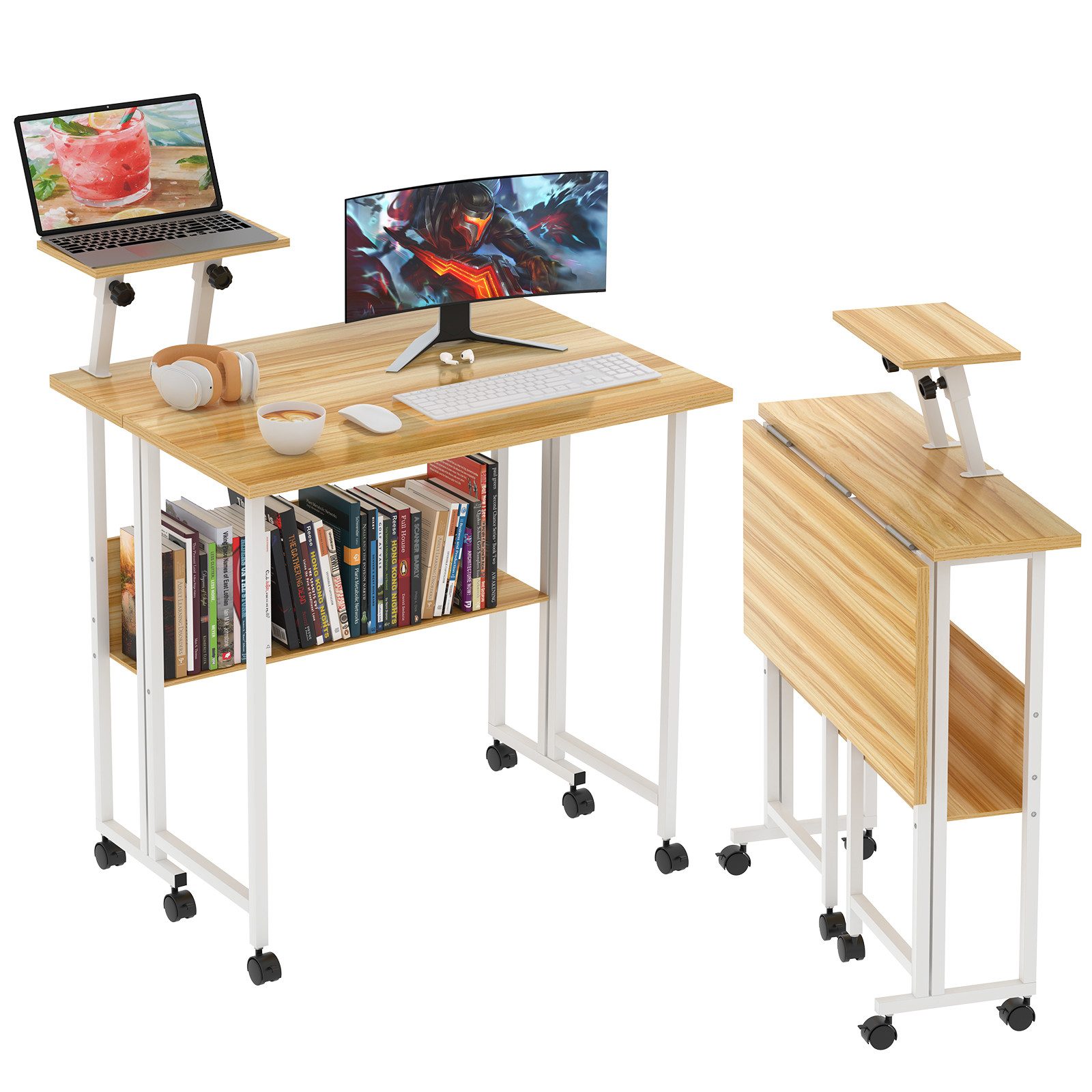 JEOBEST Schreibtisch Kleiner klappbarer Computertisch mit Regal und Rollen, (1-St. Tisch mit erhöhter Monitorablage) Faltbarer Bürotisch