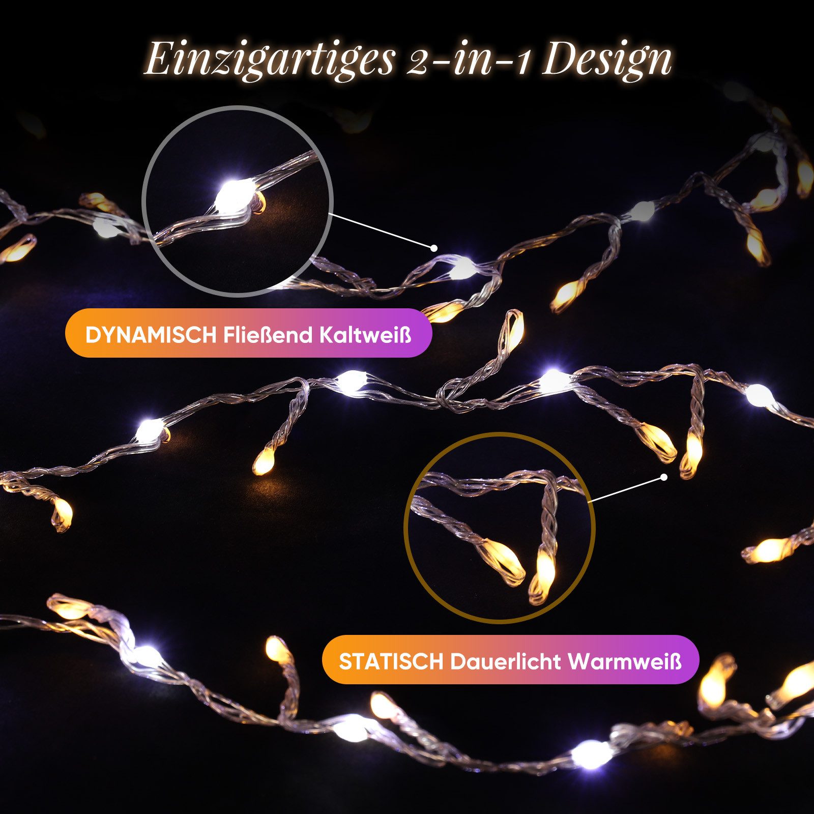 Salcar LED-Lichterkette LED Lichterkette Außen Warmweiß & Kaltweiß Lichterkette Weihnachtsbaum, 14 Modi, 3m 160 LED Weihnachtsbeleuchtung Weihnachtsdeko – Bild 5 von 5