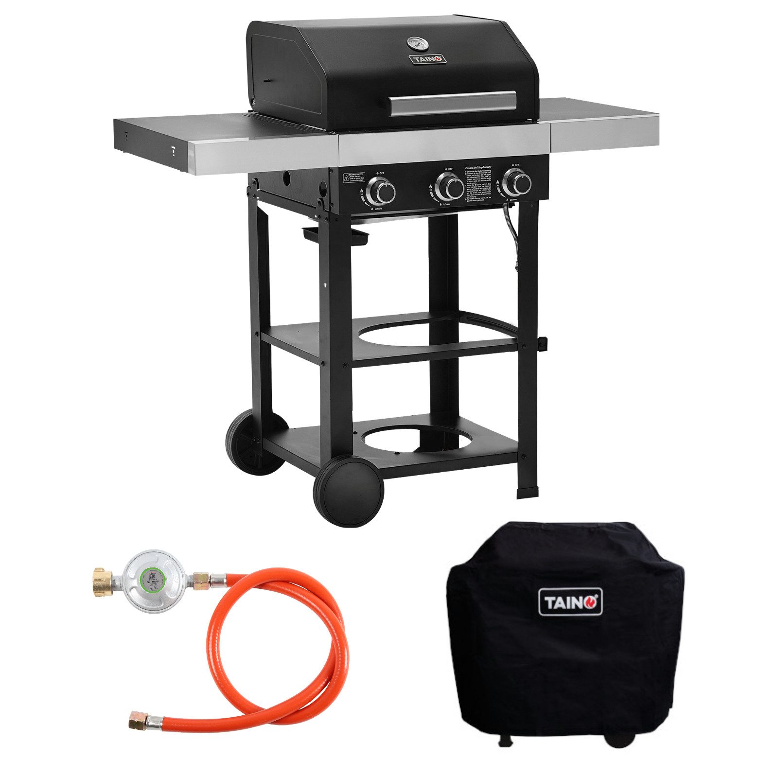 TAINO Gasgrill WABAYA 3+0 mit Haube, Spar-Set, 2 Hauptbrenner, Sear-Zone, Seitentische klappbar, Schwarz