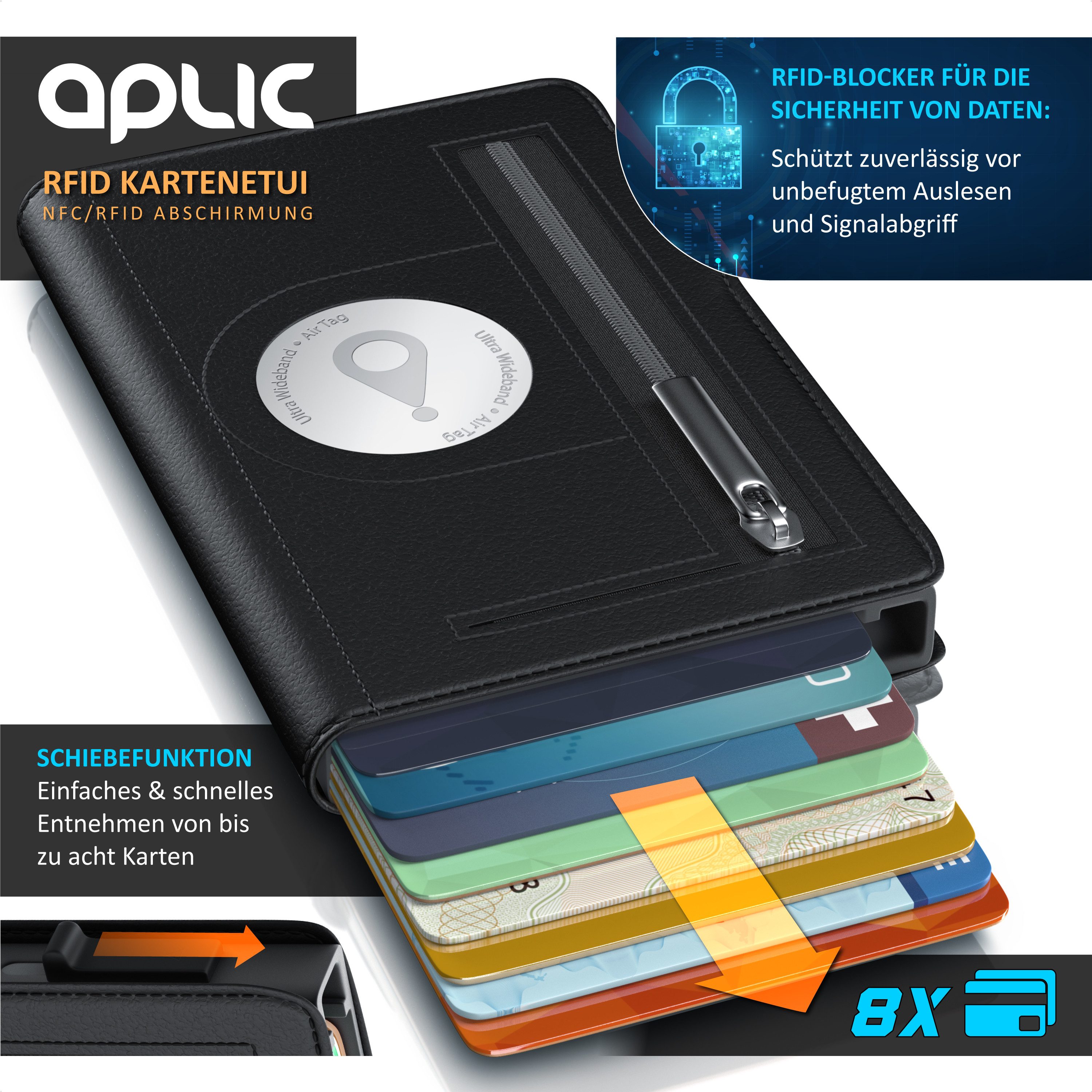 Aplic Kartenetui Leder & Alu Karten Schutzhülle mit Schiebemechanismus, Geld & Münzfach (1-tlg), RFID-Schutz, AirTag-Fach, Portemonnaie, Platz für 8 Karten, Alugehäuse