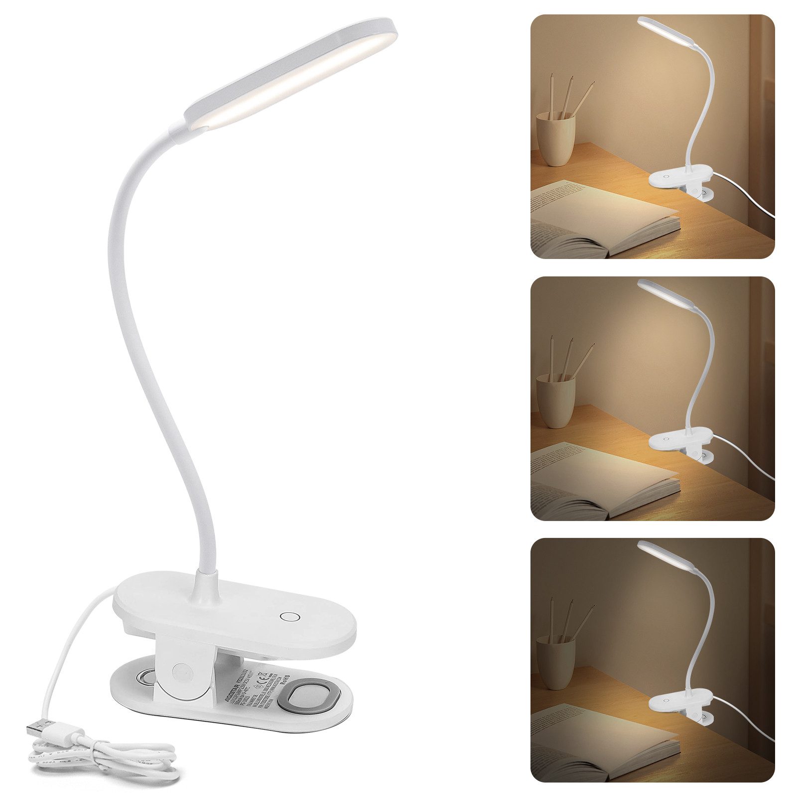 Schreibtischlampe LED Leselampe mit 3 Helligkeitsmodi, 4000K, USB-Ladekabel