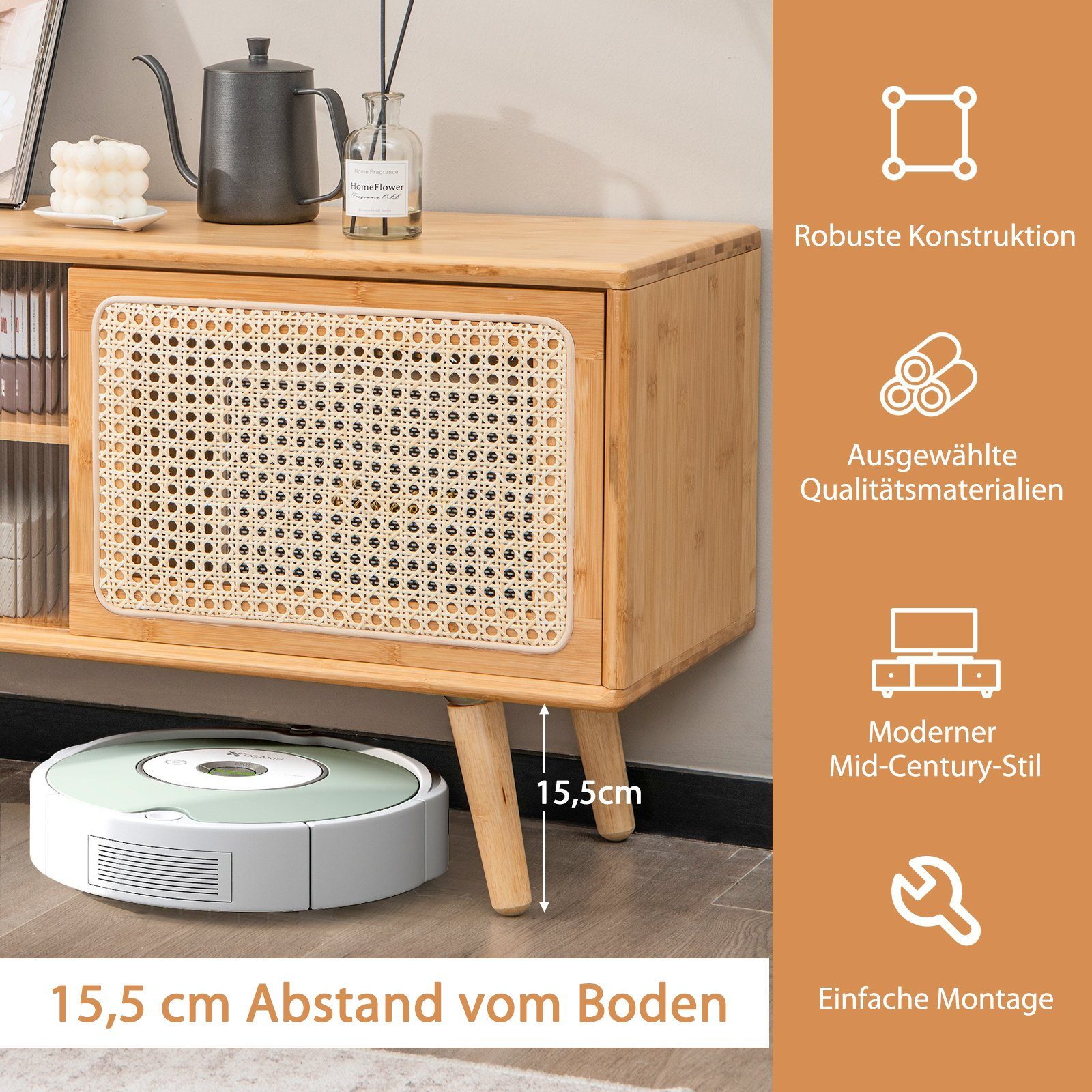 COSTWAY TV-Schrank mit 2 Schiebetüren, Glas und Bambus TV-Regal – Bild 3 von 5