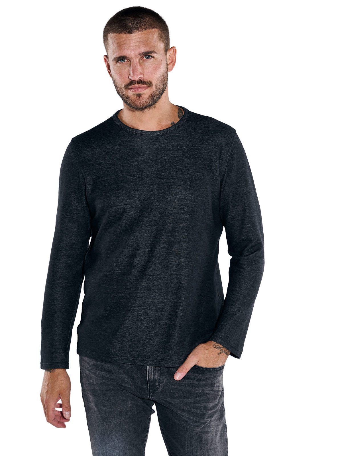 emilio adani Langarmshirt Herren Langarm-Shirt strukturiert, Schwarz