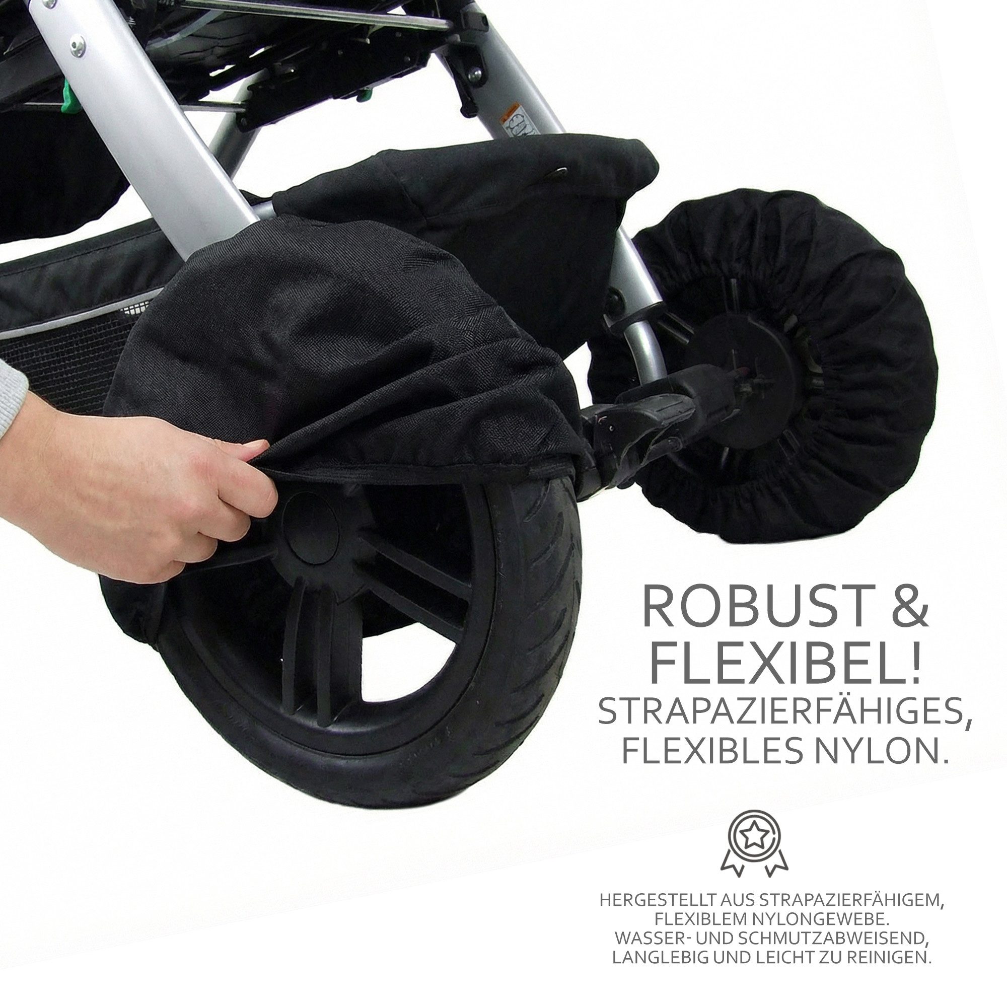 BambiniWelt by Rafael K. Kinderwagen-Reifendecke Radschutz Reifentaschen Schutzhülle für Kinderwagen Buggy universal, 4-Stück, Reifenschutz, schützt vor Schmutz im Kofferraum usw.