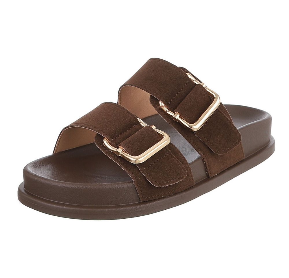 Ital-Design Damen Freizeitsandale mit Schnallen und Fußbett Pantolette (91970999) Flach Pantoletten in Braun